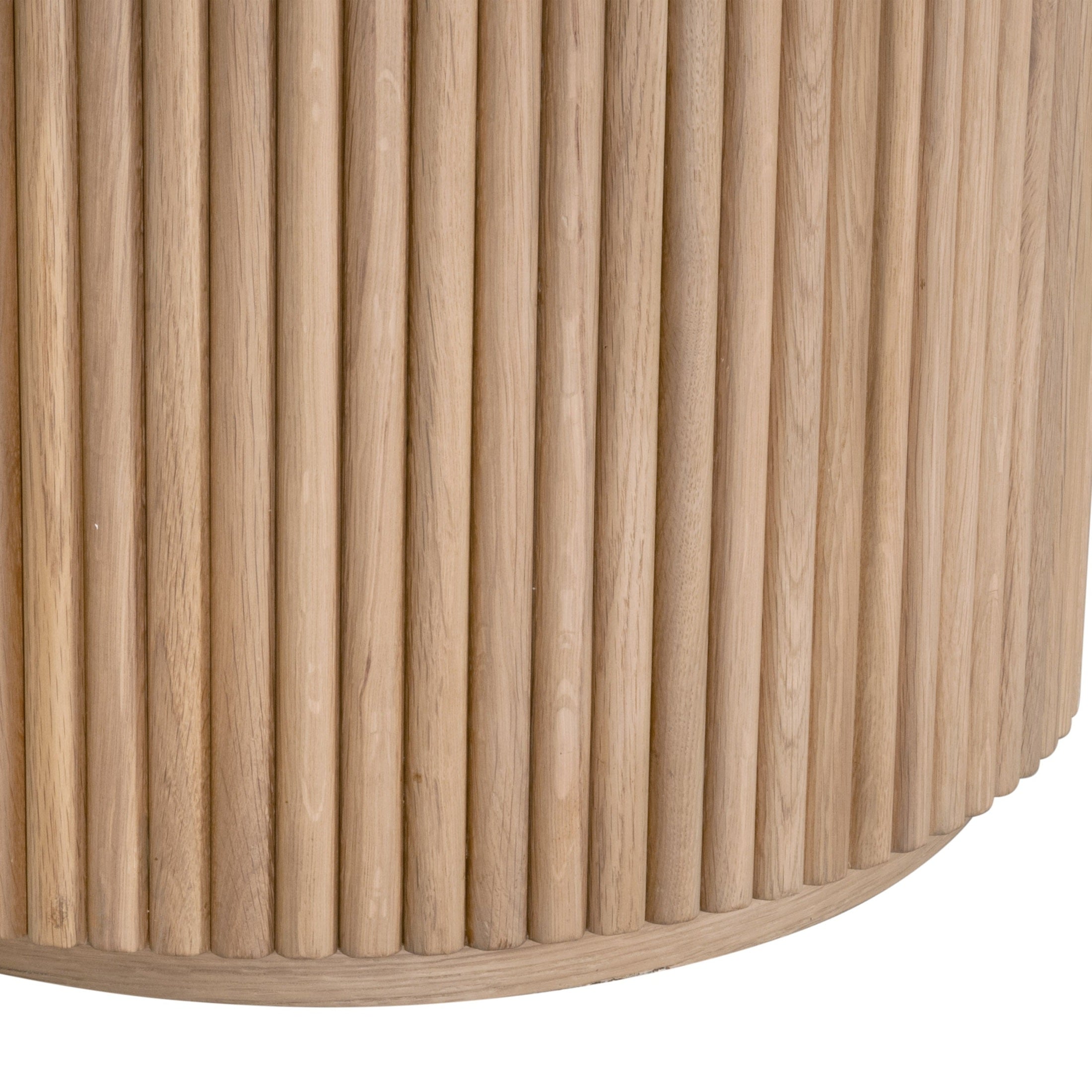 Close-up of fluted pedestal base in natural oak finish on Belfast 54" Round Dining Table by Essentials for Living