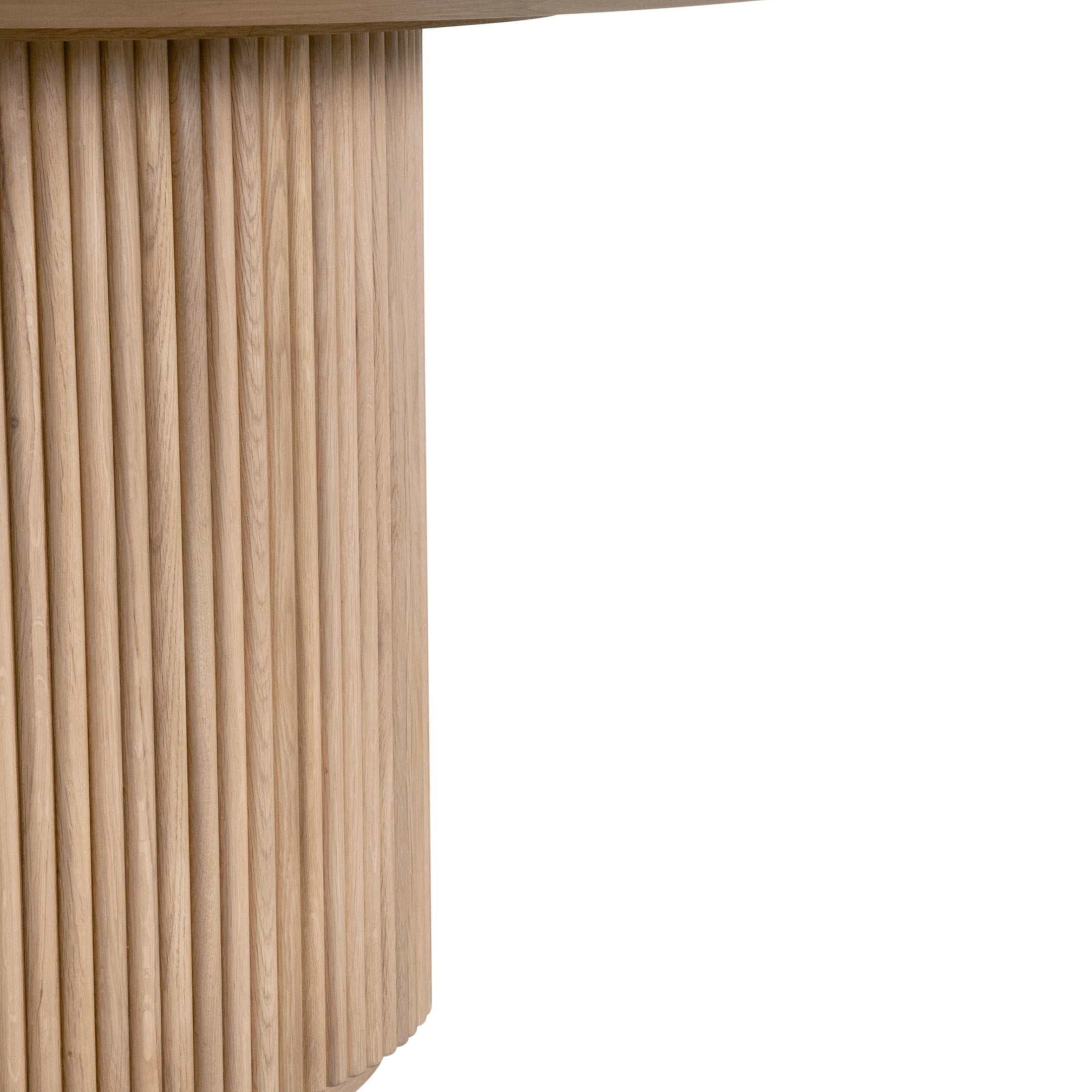 Fluted pedestal base of Belfast 54" Round Dining Table in natural oak by Essentials for Living