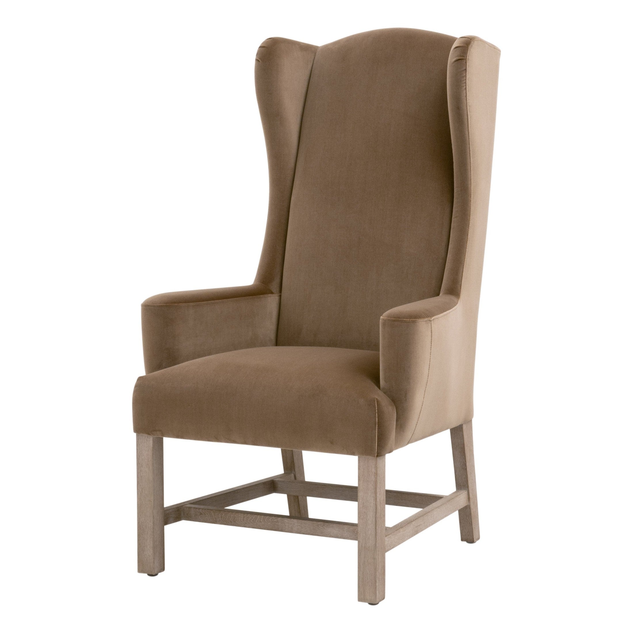 Bennett Arm Chair in dark caramel velvet with gray oak legs and wingback design by Essentials for Living