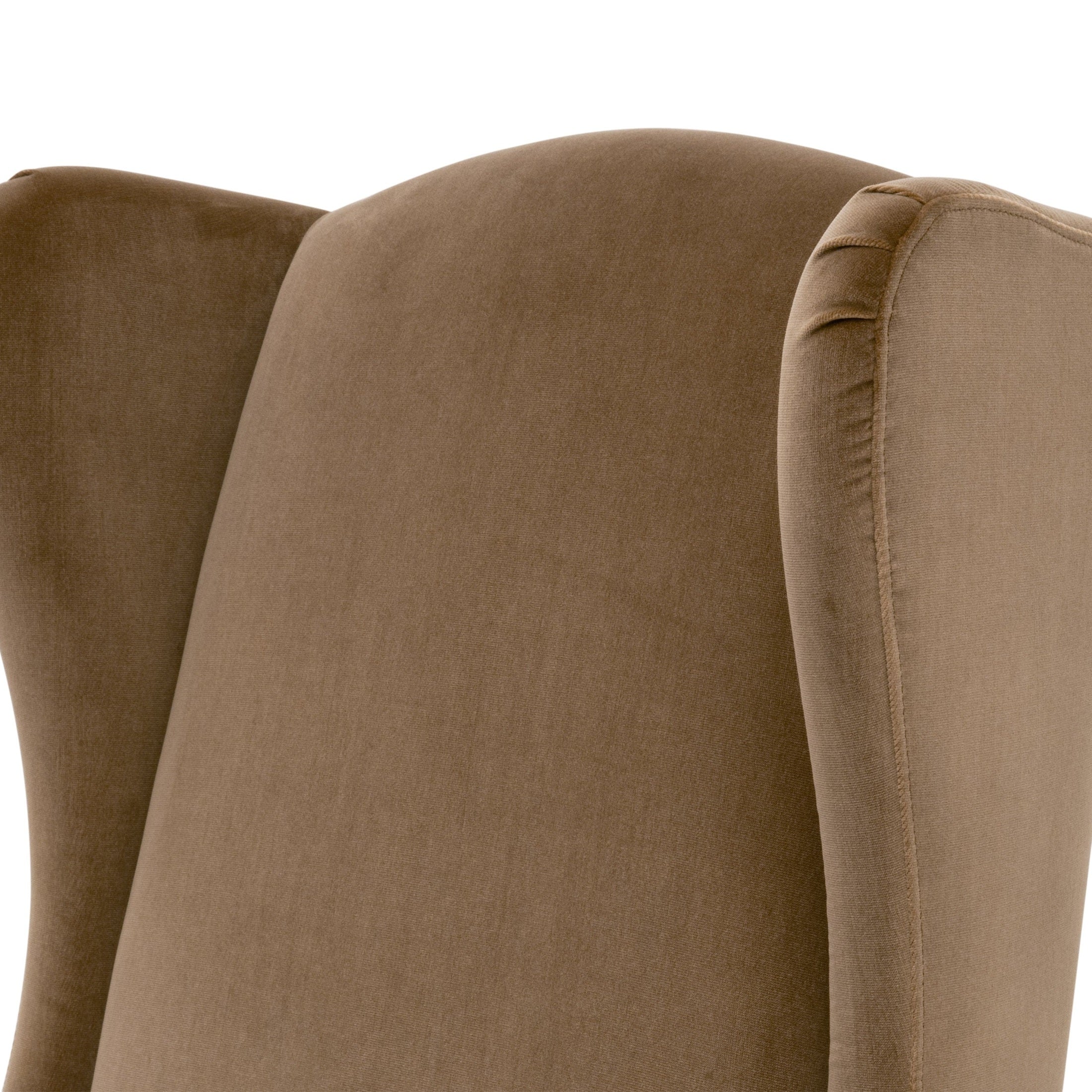 Close-up of dark caramel velvet wingback design on Bennett Arm Chair by Essentials for Living
