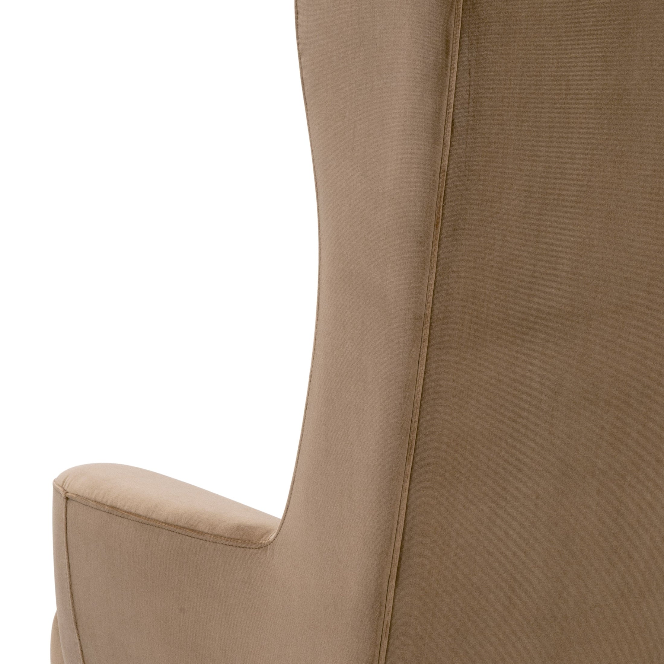 Dark caramel velvet Bennett Arm Chair with sculptural wingback and oak legs by Essentials for Living.