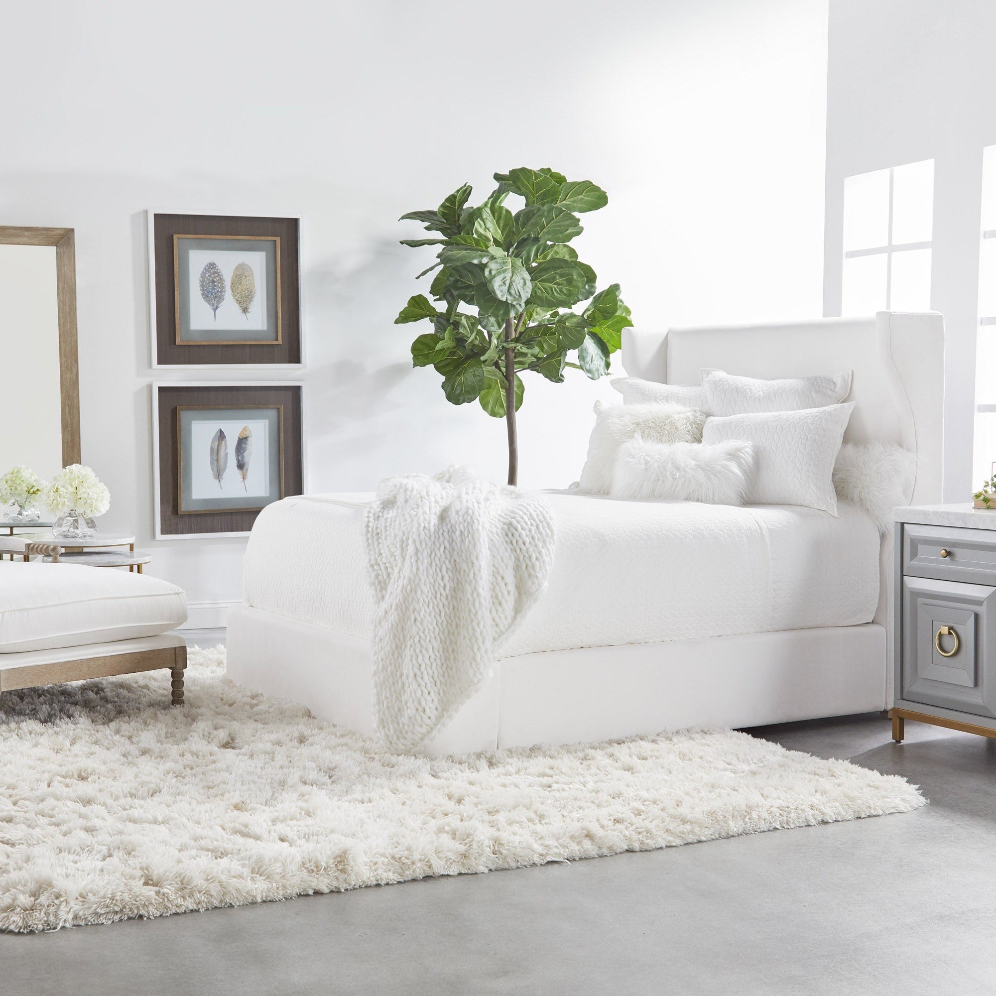 Full-length Bevel Mirror with natural gray acacia veneer frame in a bright bedroom by Essentials for Living