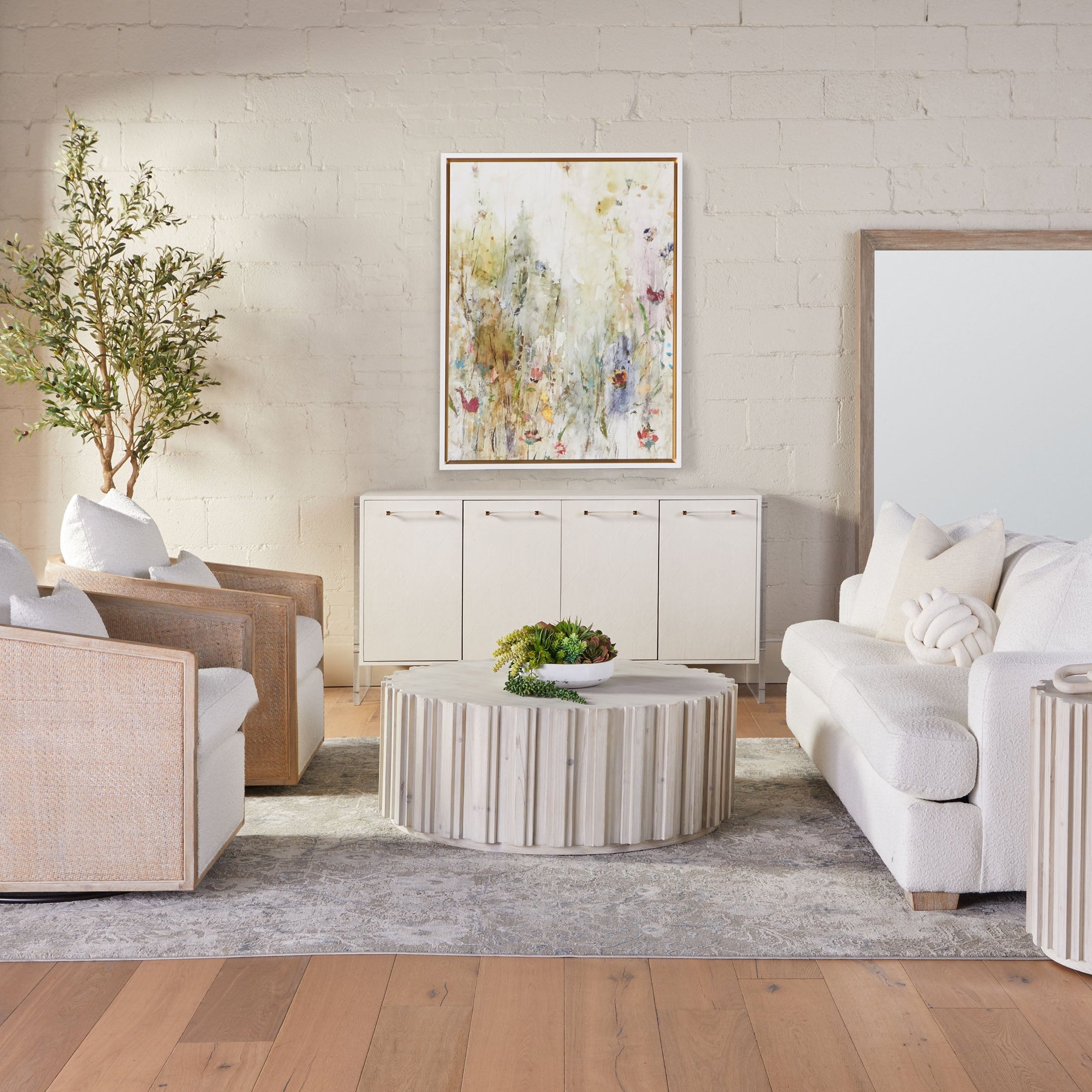 Full-length Bevel Mirror with natural gray acacia veneer frame in a modern living room by Essentials for Living