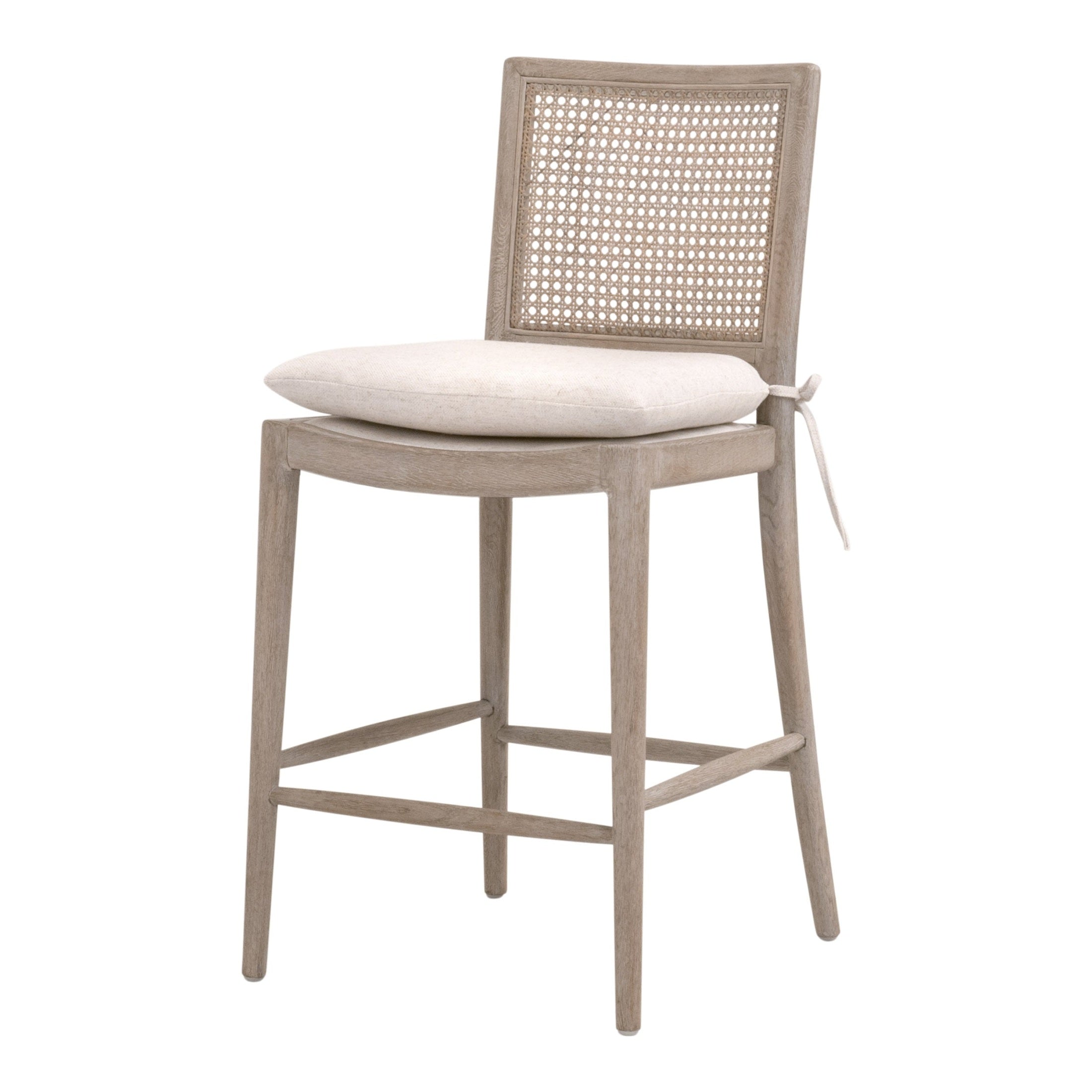 Blume Counter Stool with cream linen cushion, natural gray oak frame, and cane back by Your Noble Nest