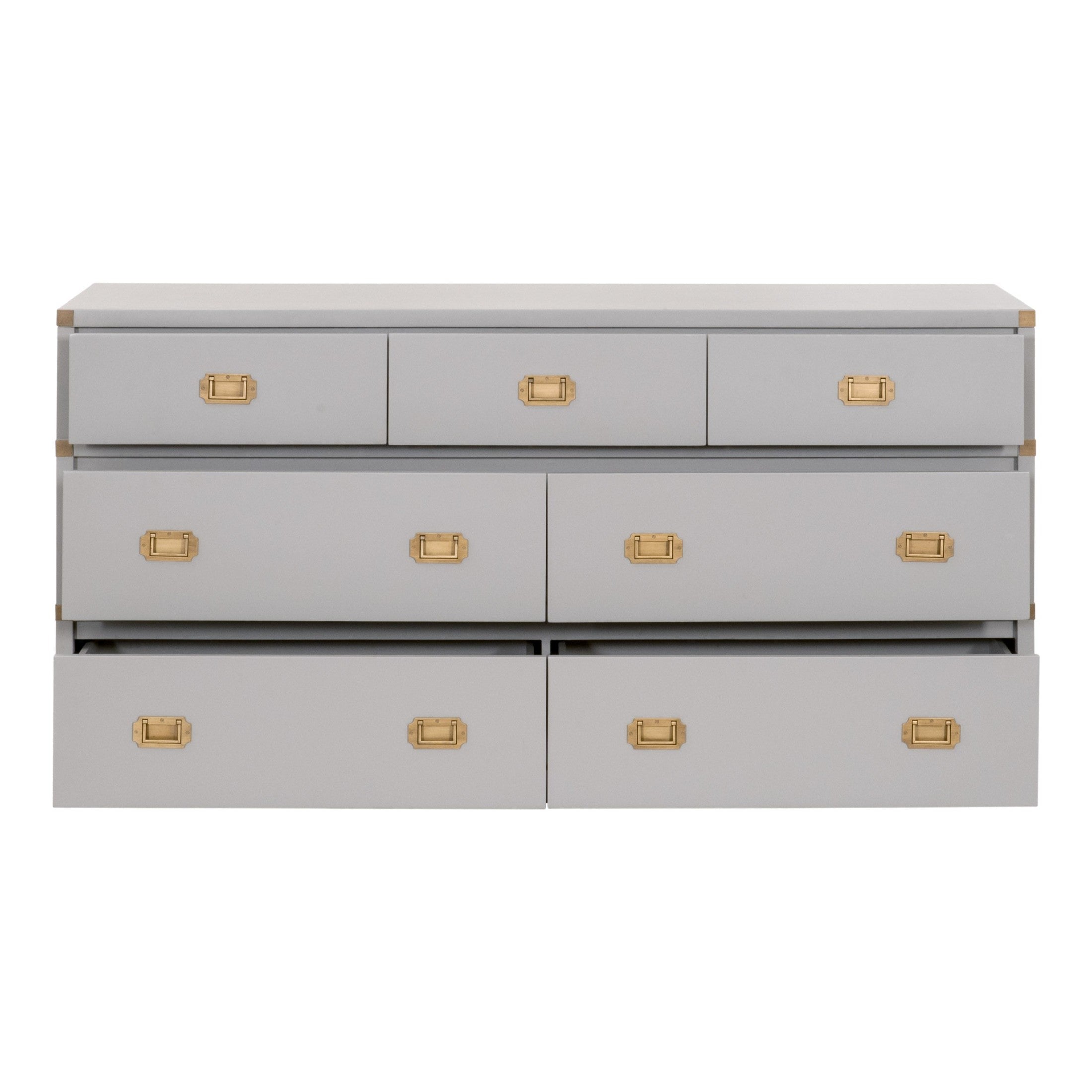 Bradley 7-Drawer Double Dresser in dove gray lacquer with brushed gold hardware by Essentials for Living