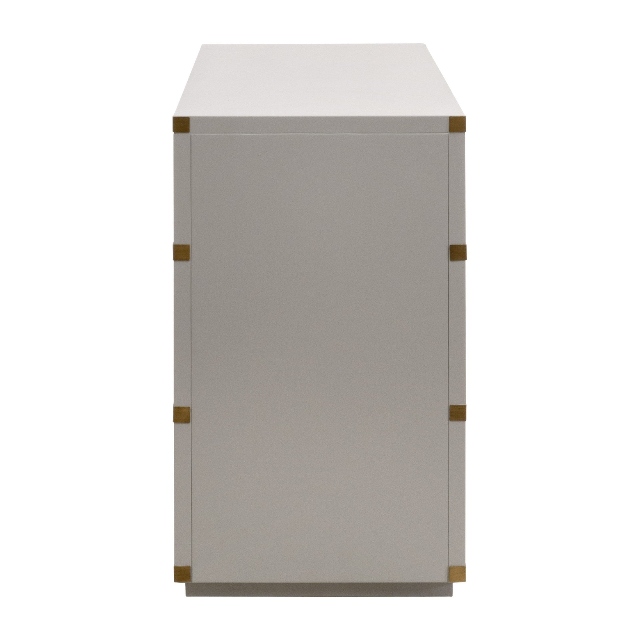 Side view of the Bradley 7-Drawer Double Dresser in dove gray lacquer with brushed gold accents by Essentials for Living.