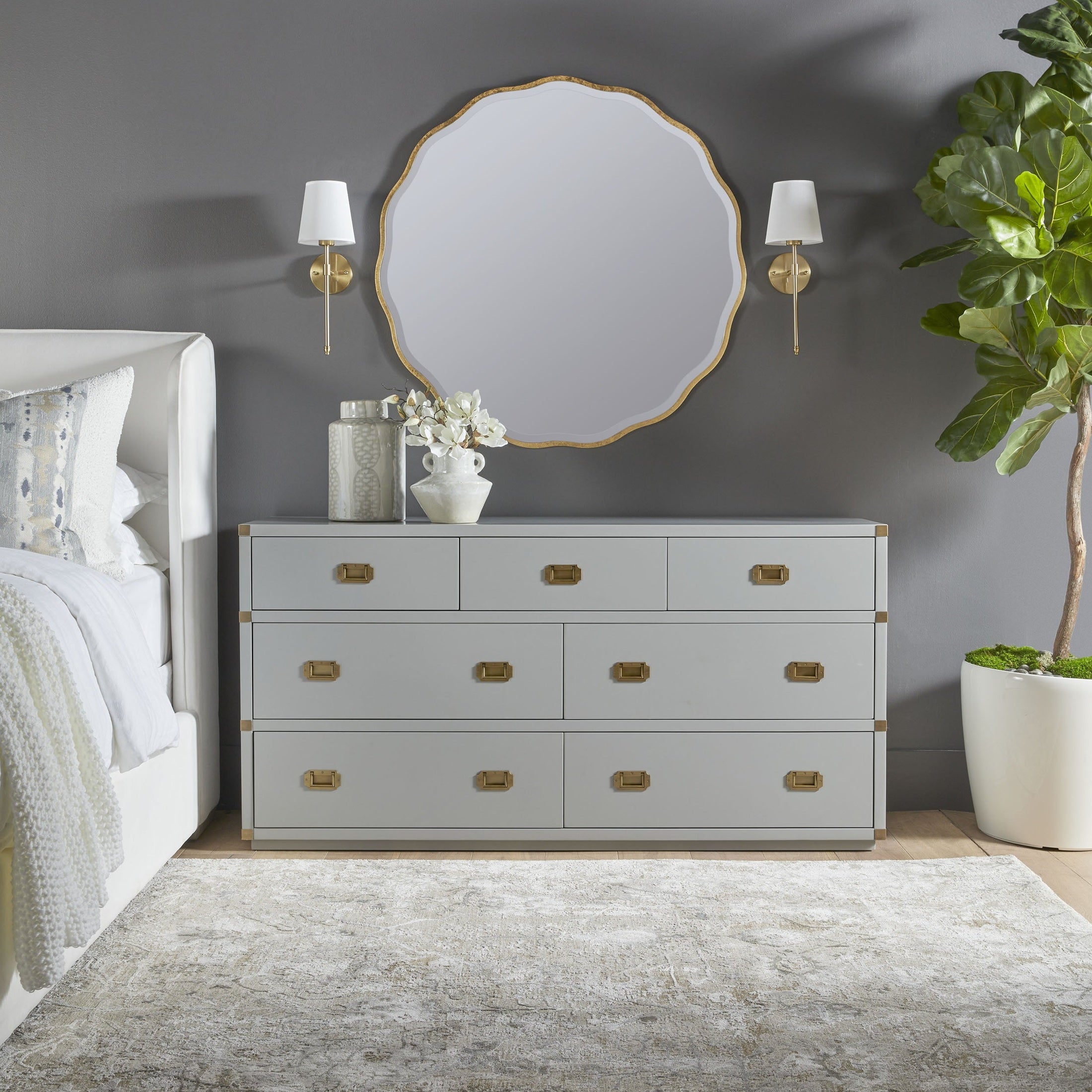 Bradley 7-Drawer Double Dresser in dove gray with brushed gold hardware in bedroom setting by Essentials for Living