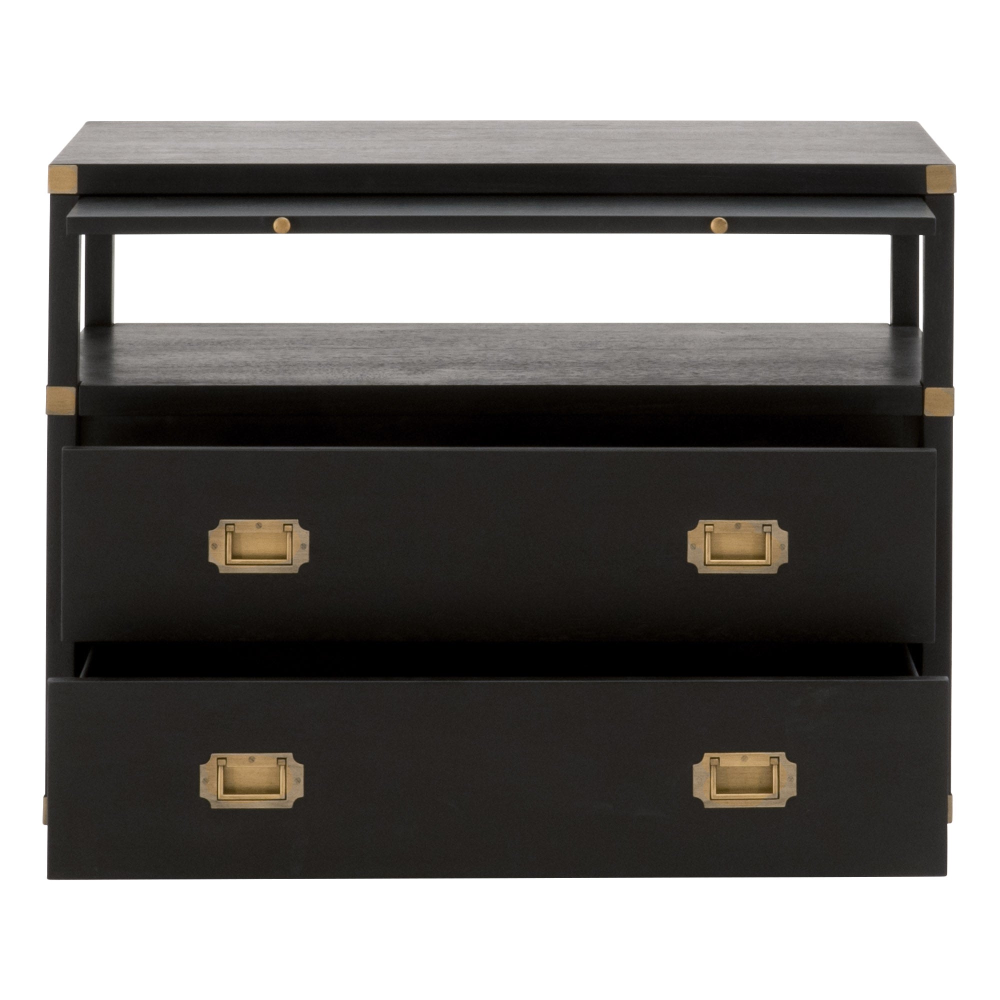 Bradley 2-Drawer Nightstand in brushed black acacia wood with gold hardware by Essentials for Living.