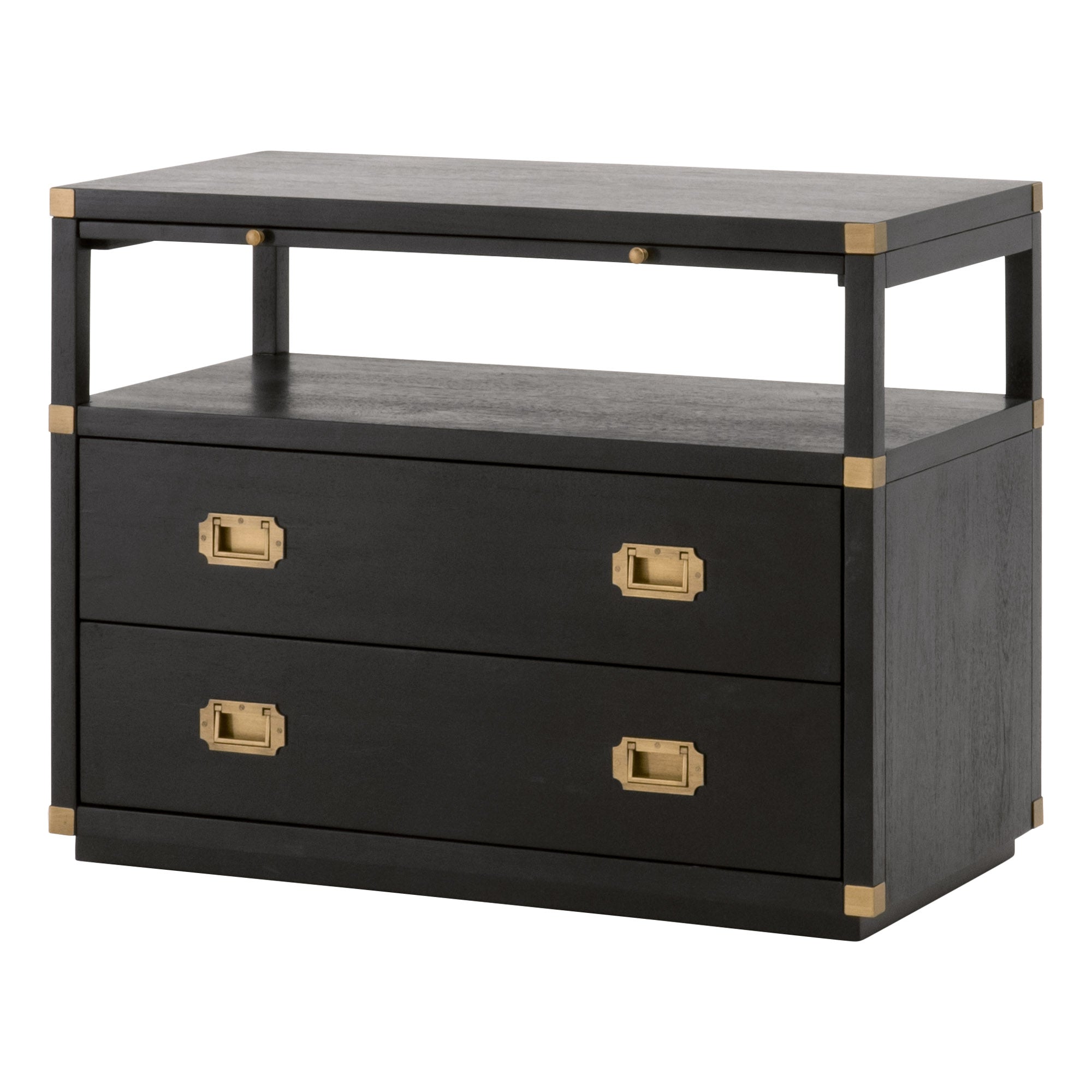 Bradley 2-Drawer Nightstand in brushed black acacia with gold hardware, two drawers, open shelf by Essentials for Living
