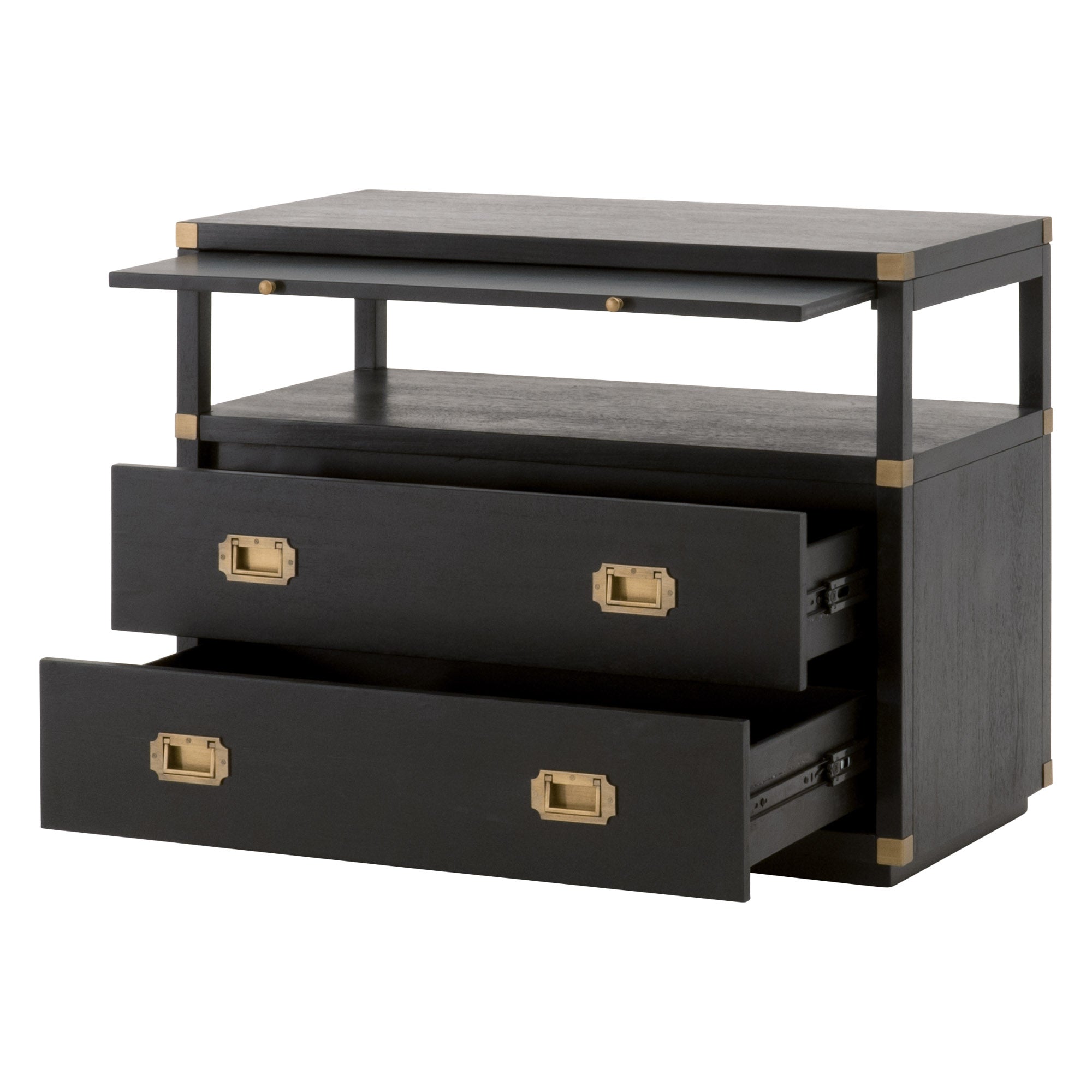 Bradley 2-Drawer Nightstand in brushed black acacia with gold hardware, pull-out tray, and open shelf by Essentials for Living