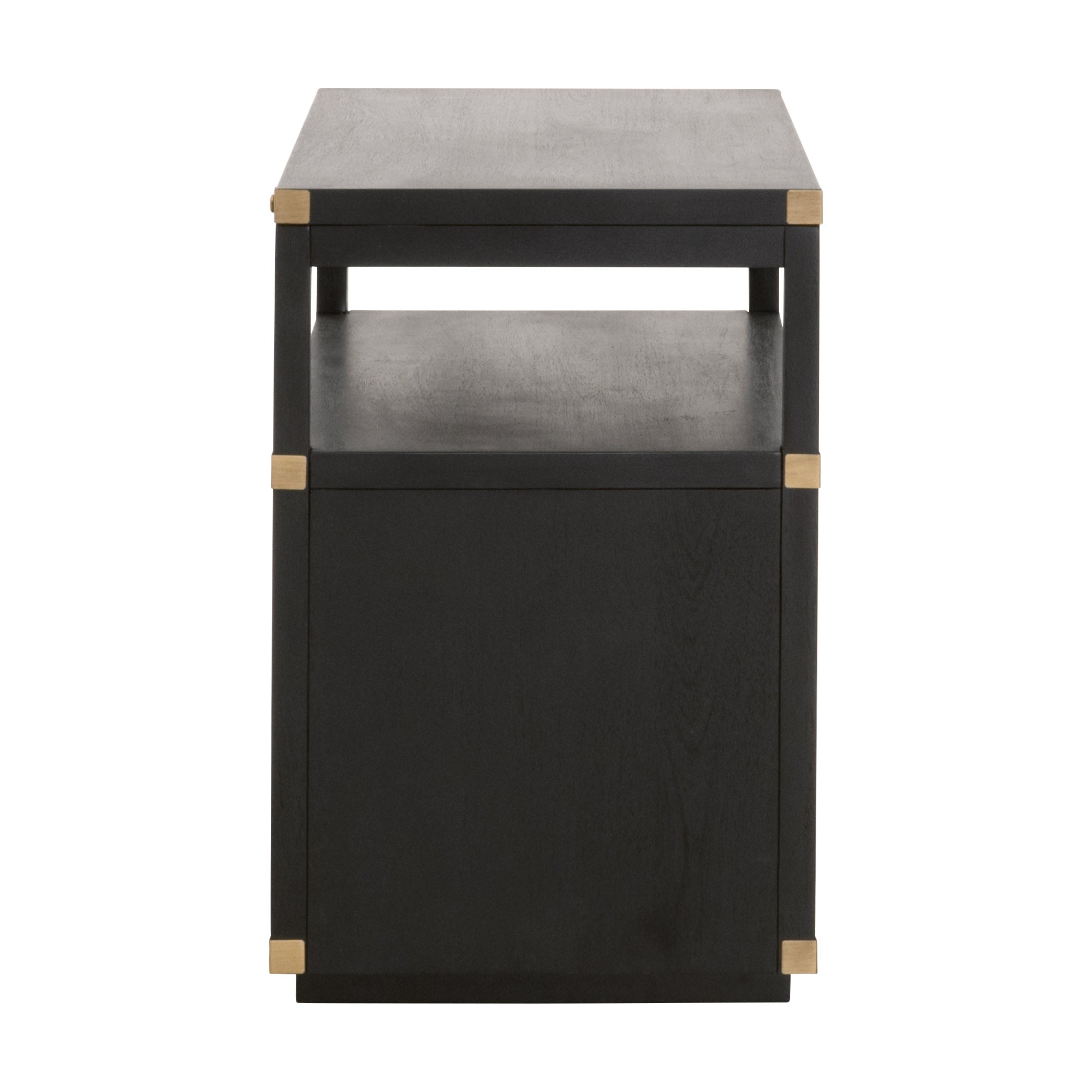 Side view of Bradley 2-Drawer Nightstand in brushed black acacia wood with gold accents by Essentials for Living