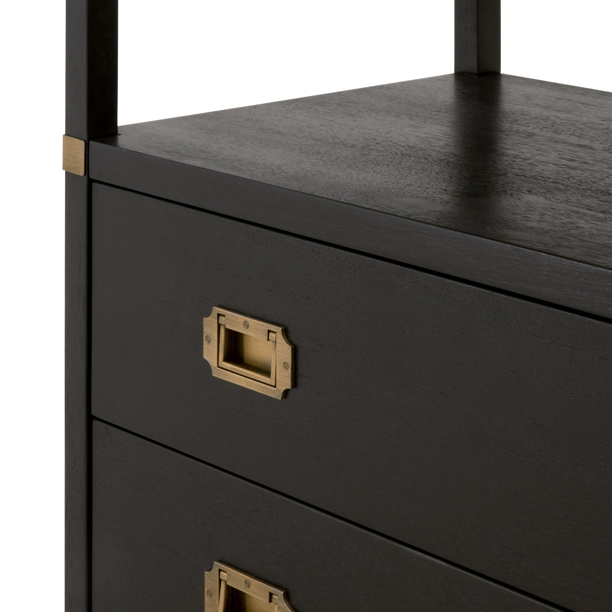Close-up of Bradley 2-Drawer Nightstand in brushed black acacia wood with gold hardware by Essentials for Living