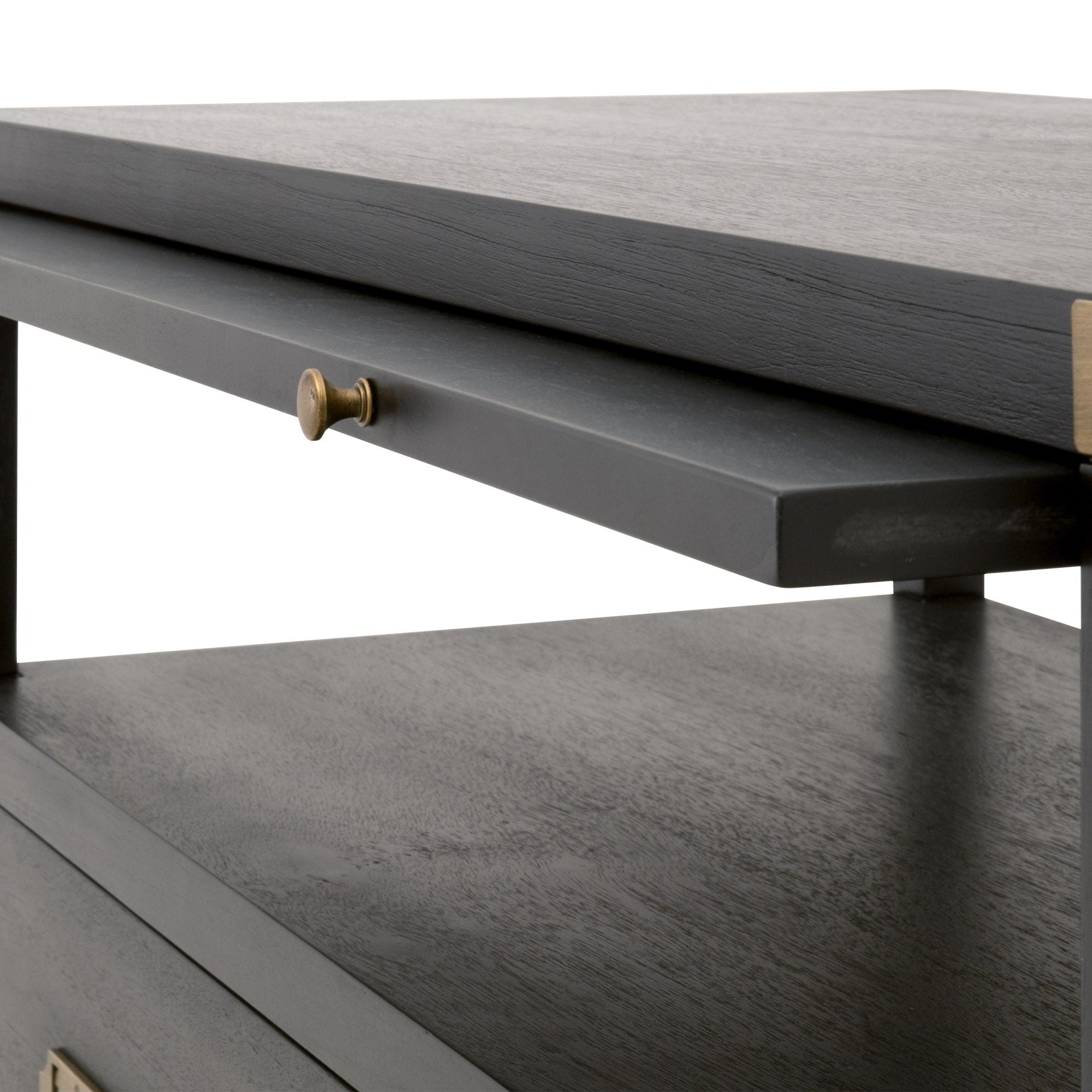 Close-up of pull-out tray and drawer with brushed gold hardware on Bradley 2-Drawer Nightstand by Essentials for Living
