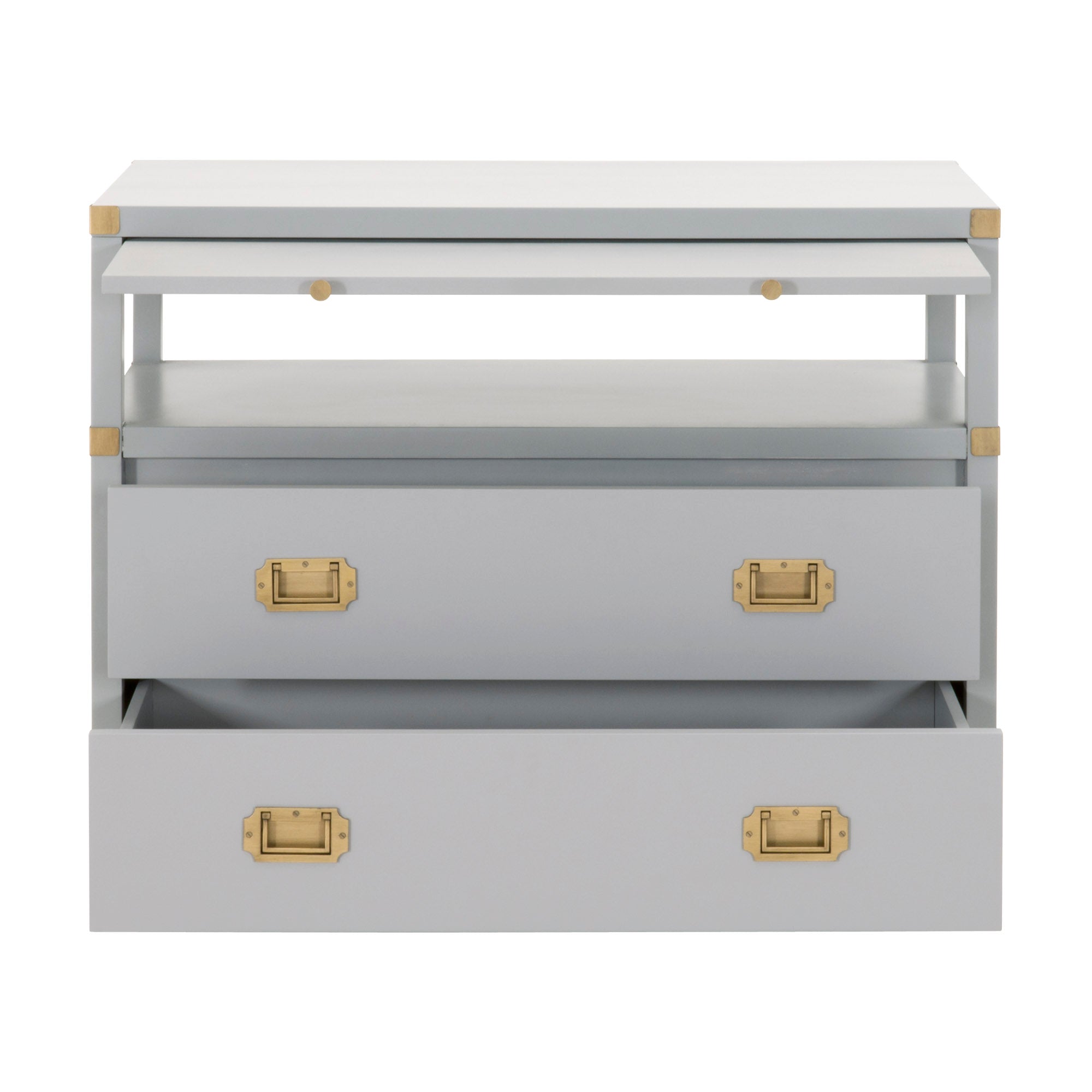 Bradley 2-Drawer Nightstand in gray with gold hardware and pull-out tray by Essentials for Living