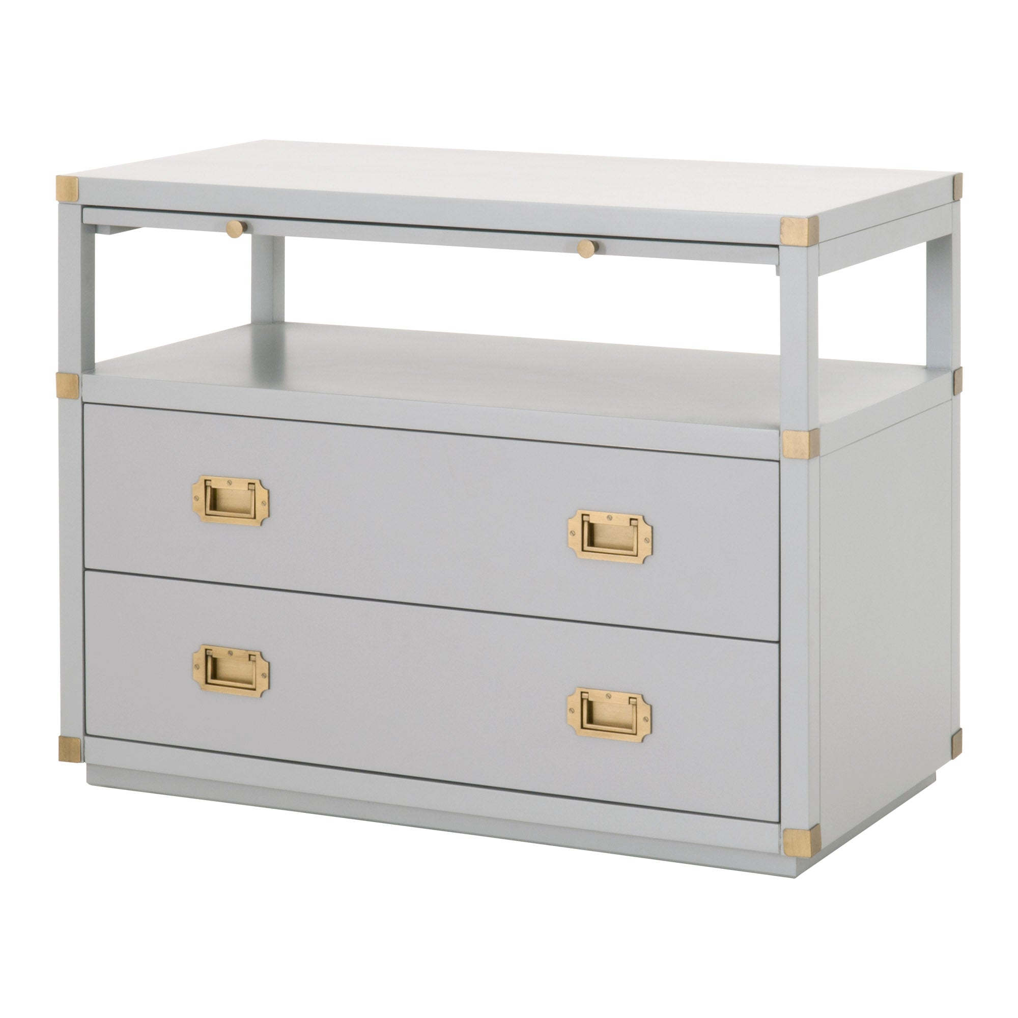 Bradley 2-Drawer Nightstand in gray with gold hardware, two drawers, and open shelf, by Essentials for Living