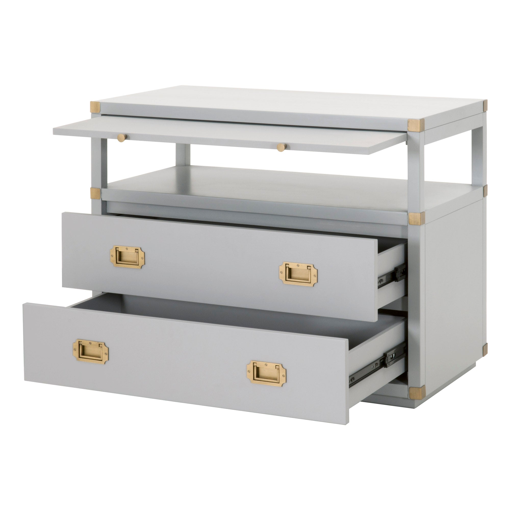 Bradley 2-Drawer Nightstand in gray with gold hardware, pull-out tray, two drawers, open shelf by Essentials for Living