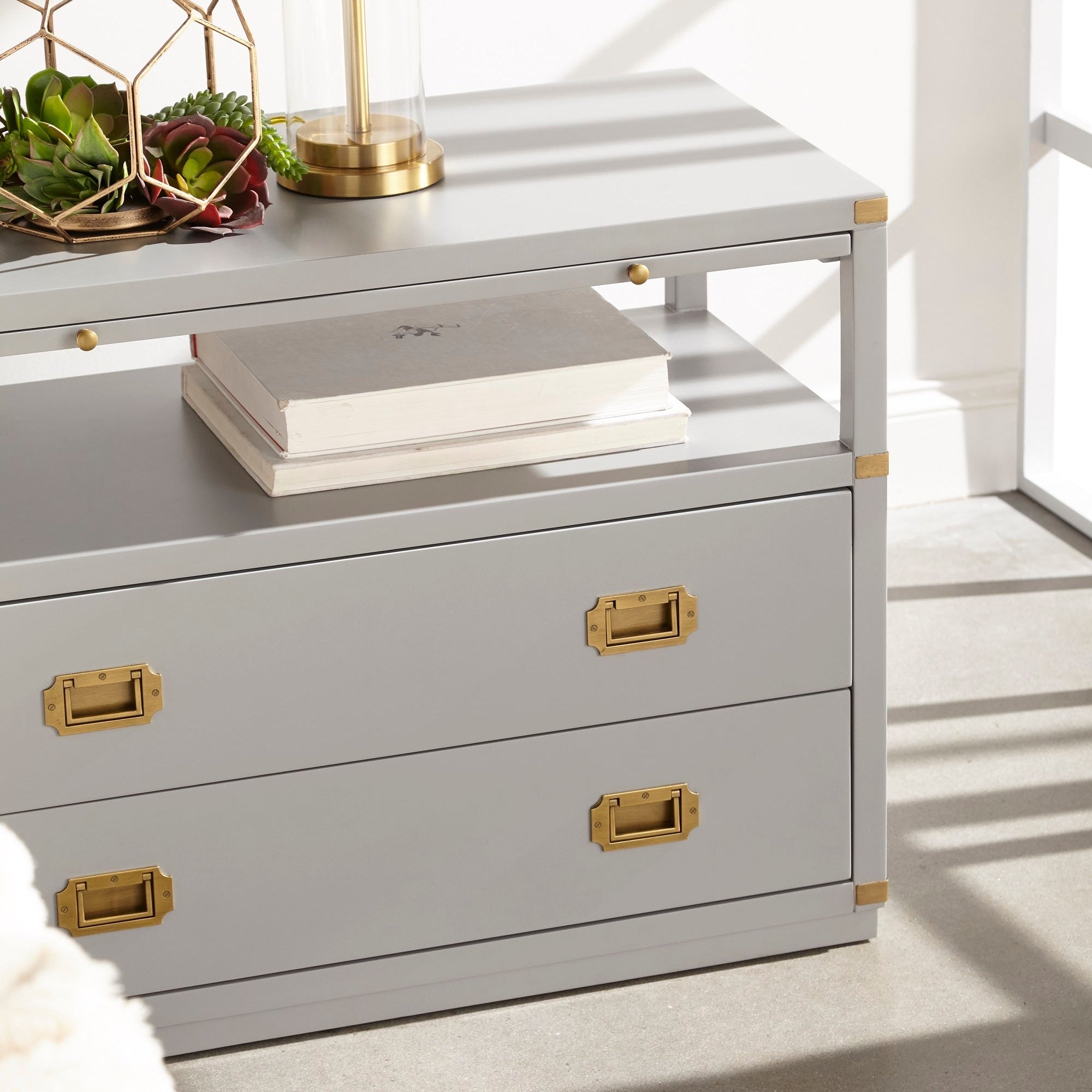 Bradley 2-Drawer Nightstand with brushed gold hardware and open shelf in gray finish by Essentials for Living