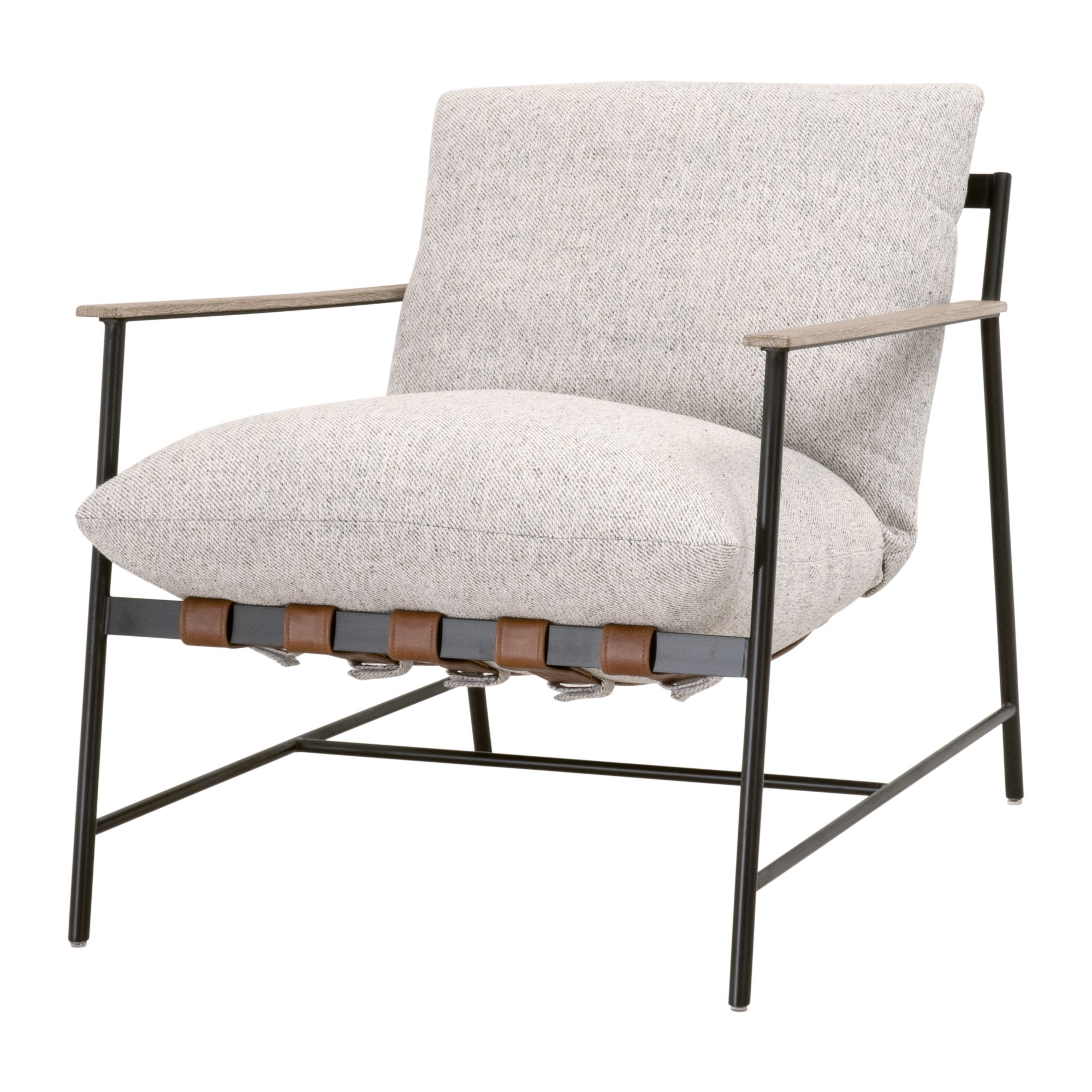 Brando Club Chair with black iron frame, natural oak arms, and gray cushions by Essentials for Living.