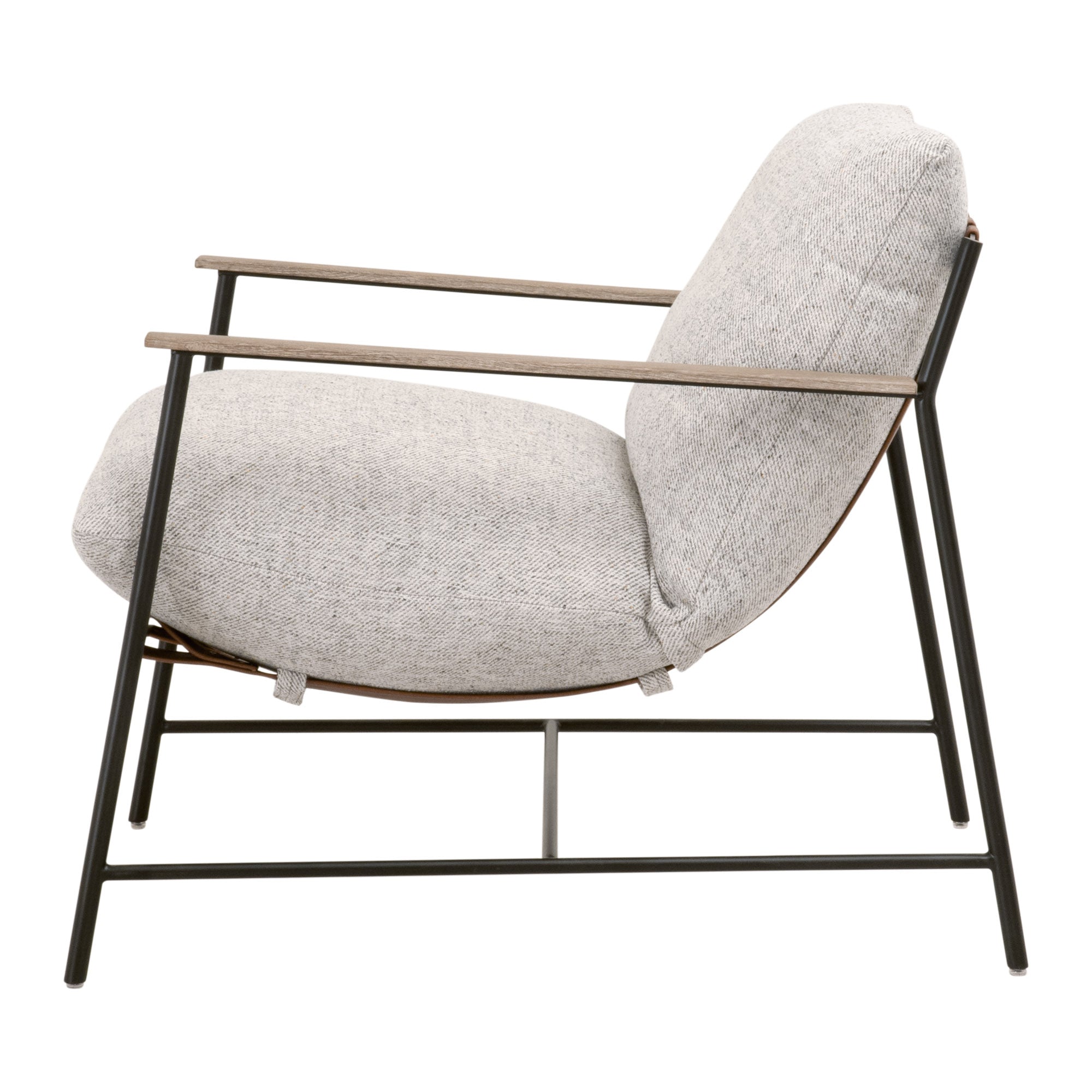 Modern Brando Club Chair with black iron frame, gray oak armrests, and cushioned fabric upholstery by Essentials for Living