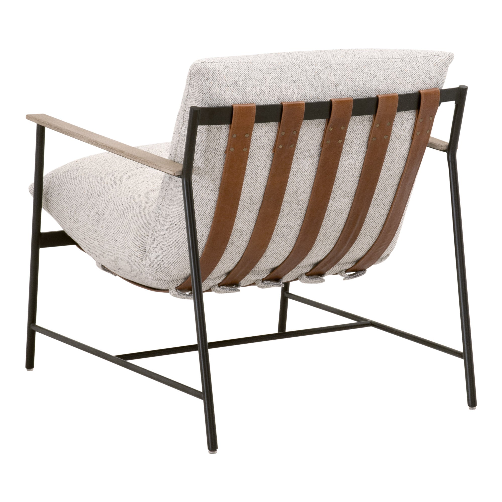Rear view of Brando Club Chair with black iron frame, chestnut leather straps, and gray cushions by Essentials for Living