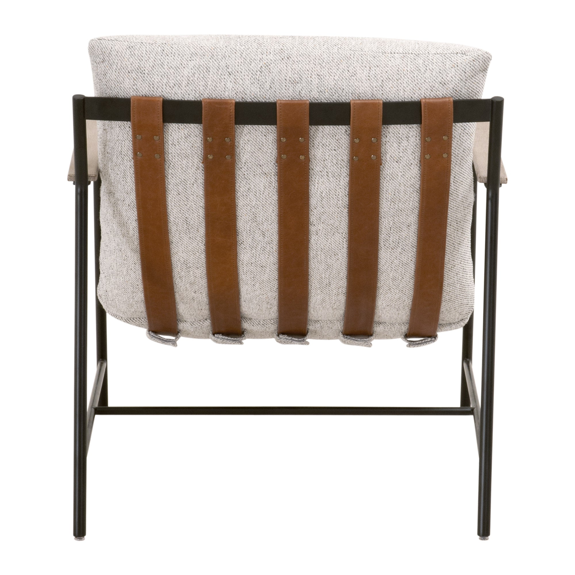 Back view of Brando Club Chair with black iron frame and chestnut leather straps by Essentials For Living