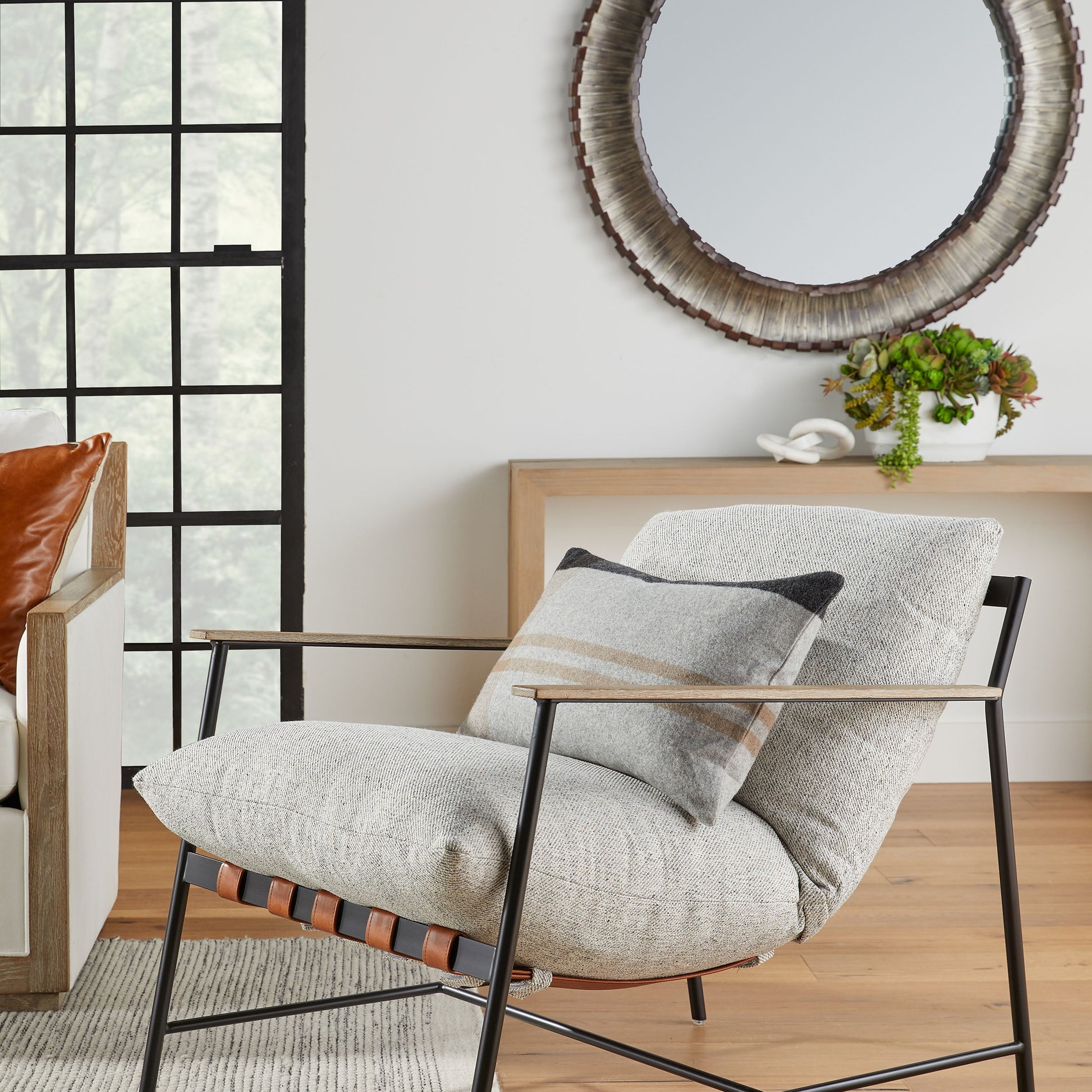 Brando Club Chair with black iron frame, gray oak armrests, and gray fabric cushions by Essentials for Living