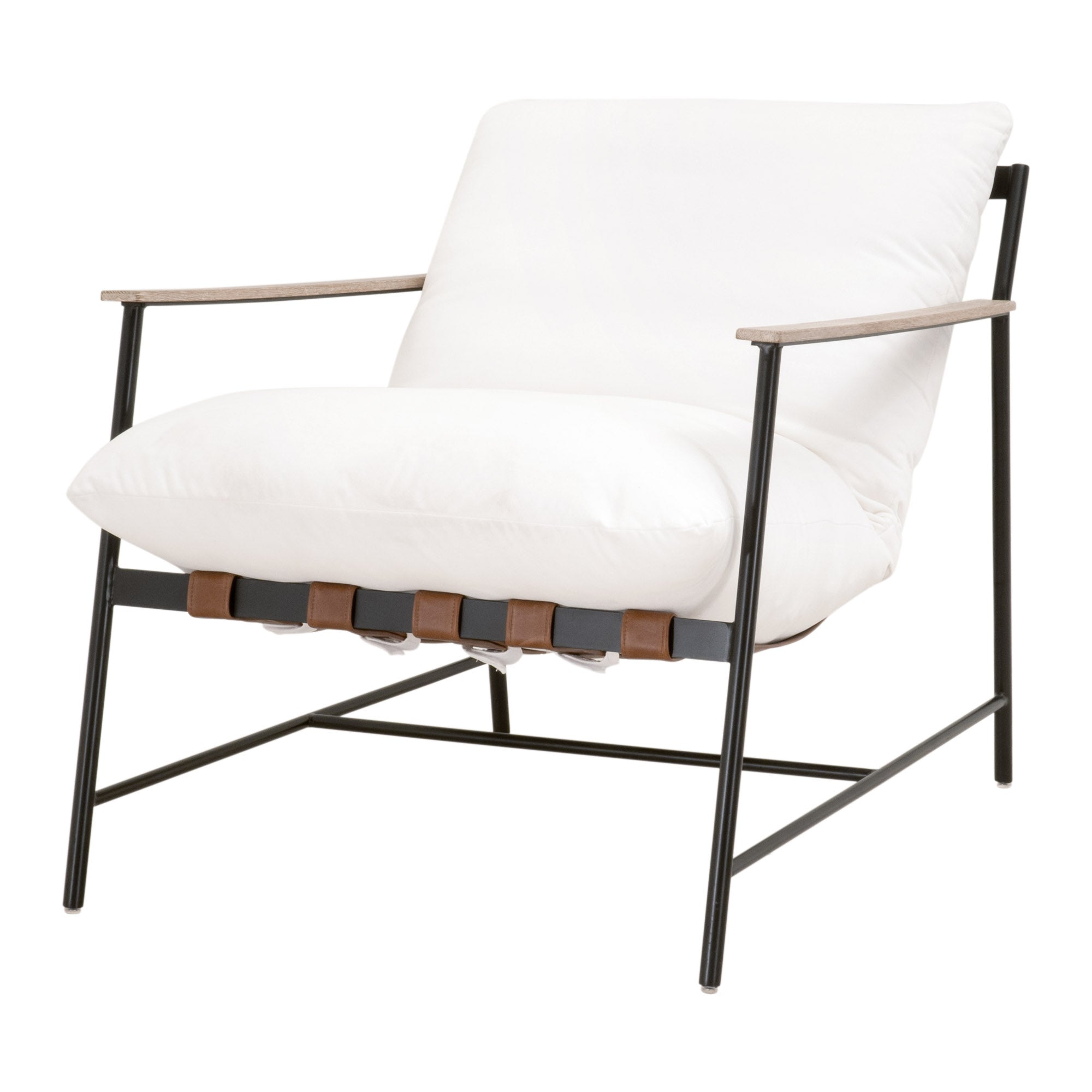 Brando Club Chair with black iron frame, gray oak armrests, white cushions, and leather straps by Essentials for Living