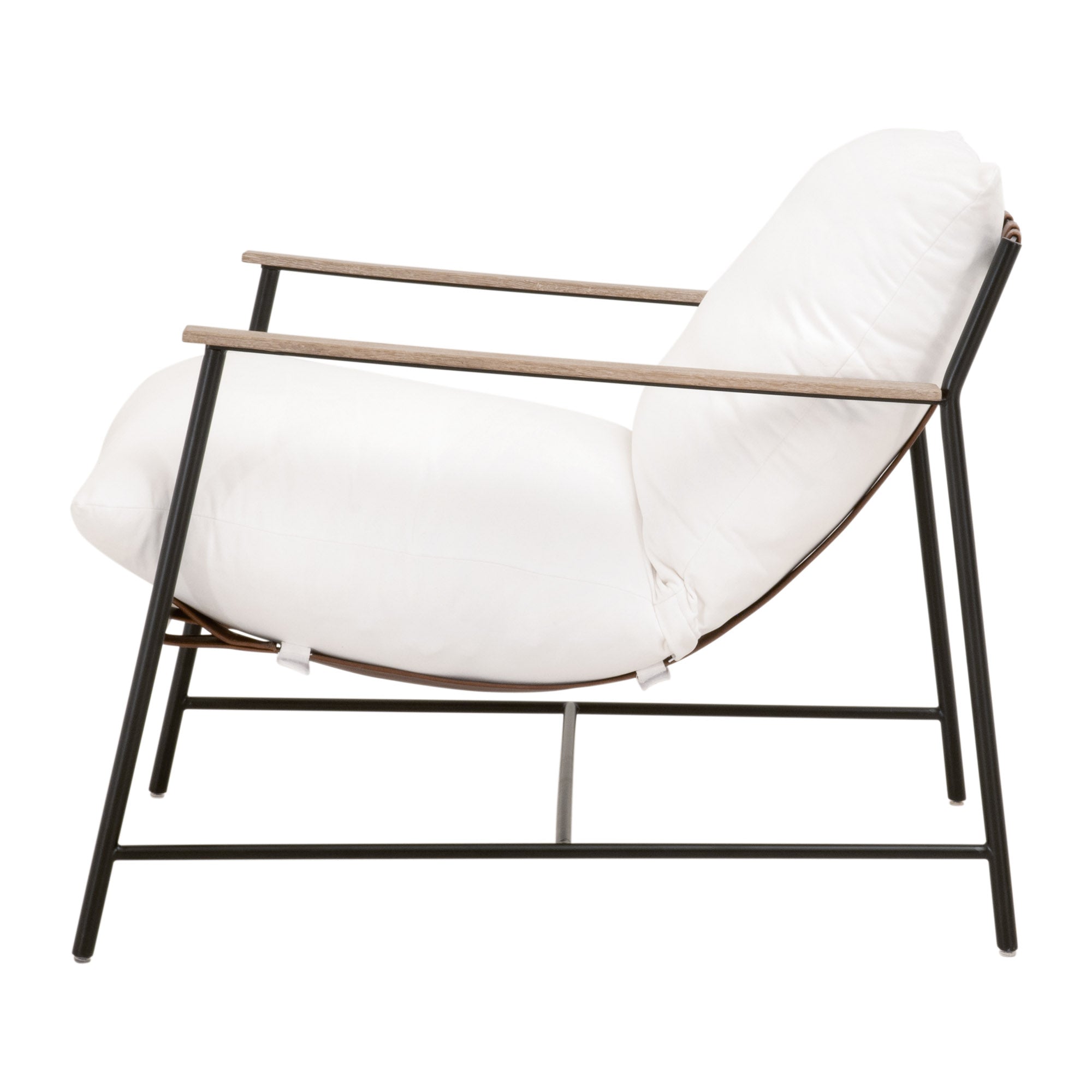 Side view of Brando Club Chair with black iron frame and white cushions by Essentials for Living