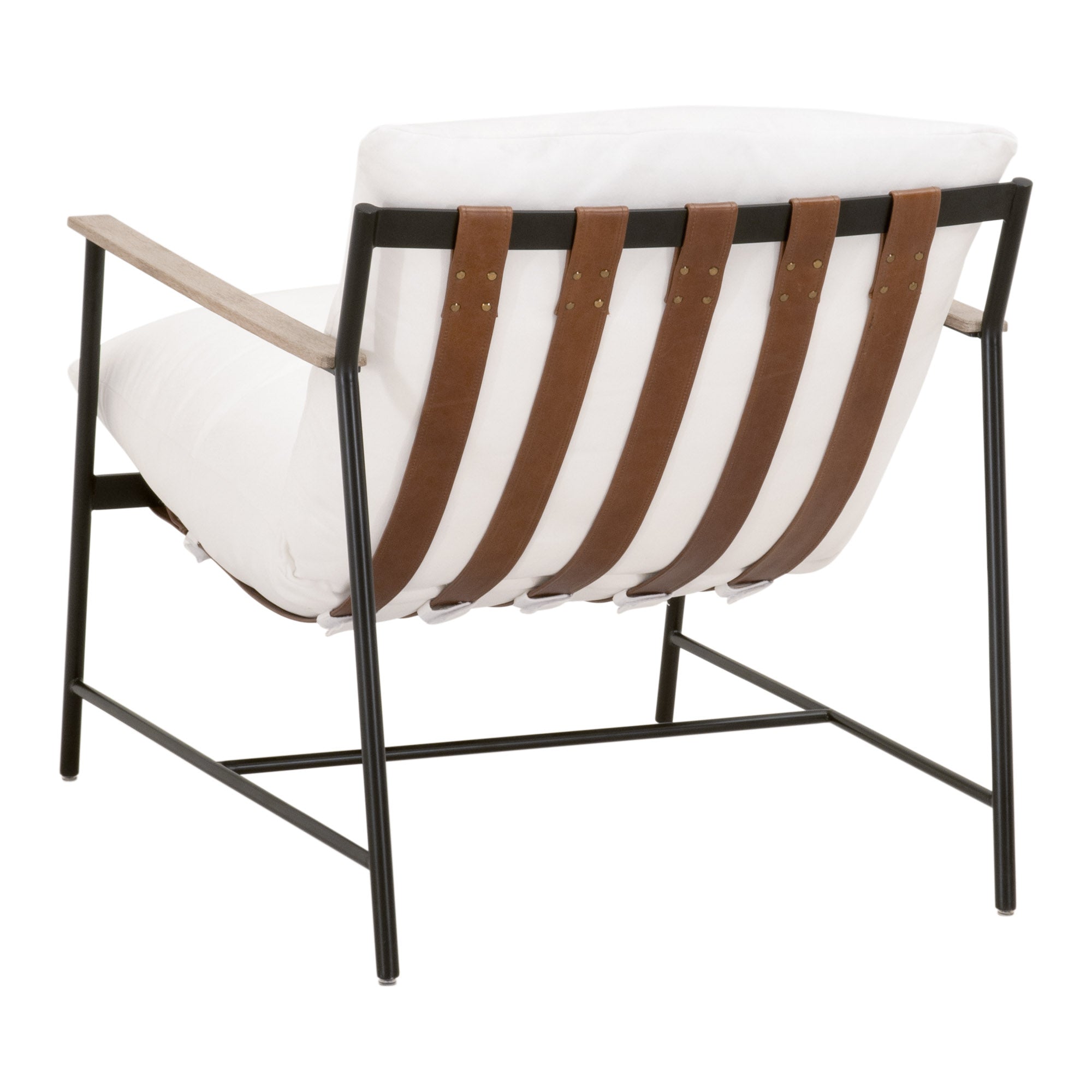 Brando Club Chair with black iron frame, oak armrests, leather straps, and cushioned seat by Essentials for Living.