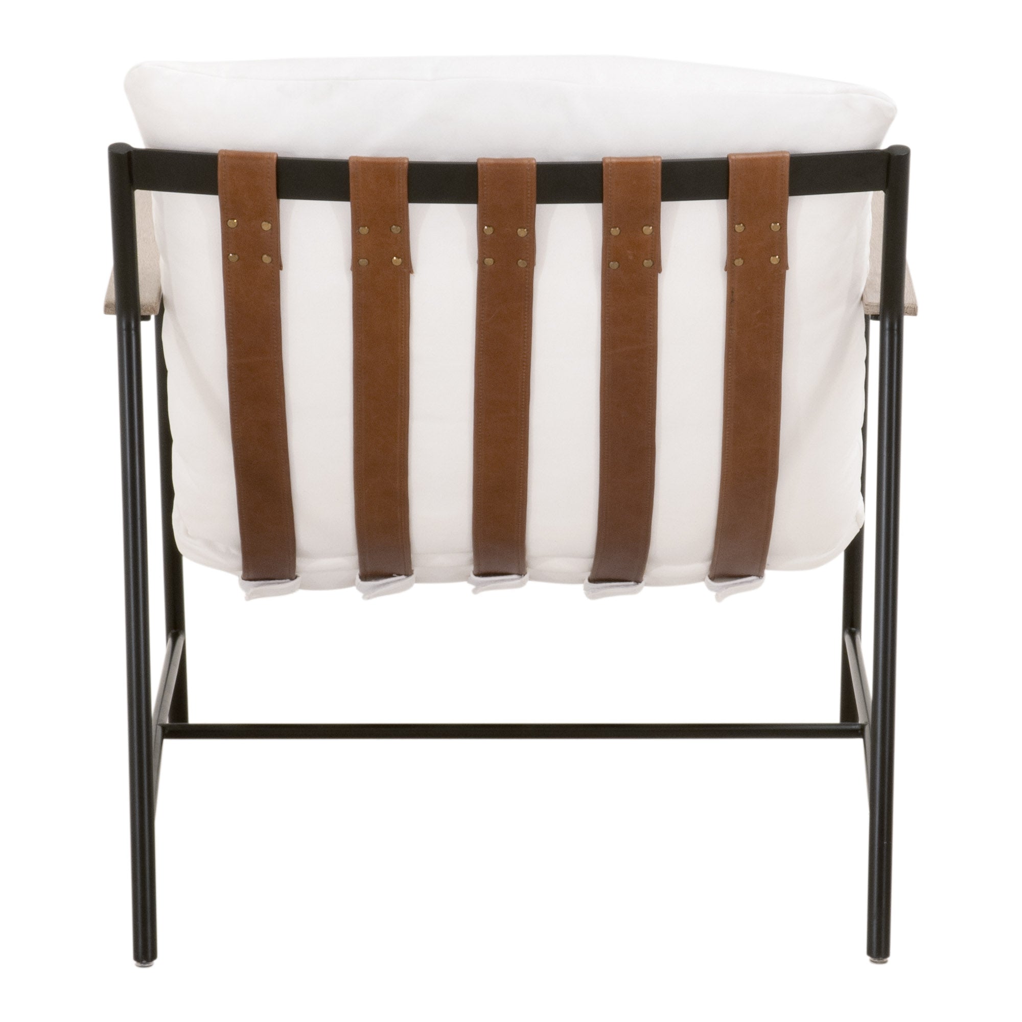 Back view of Brando Club Chair with black iron frame and chestnut leather straps by Essentials for Living