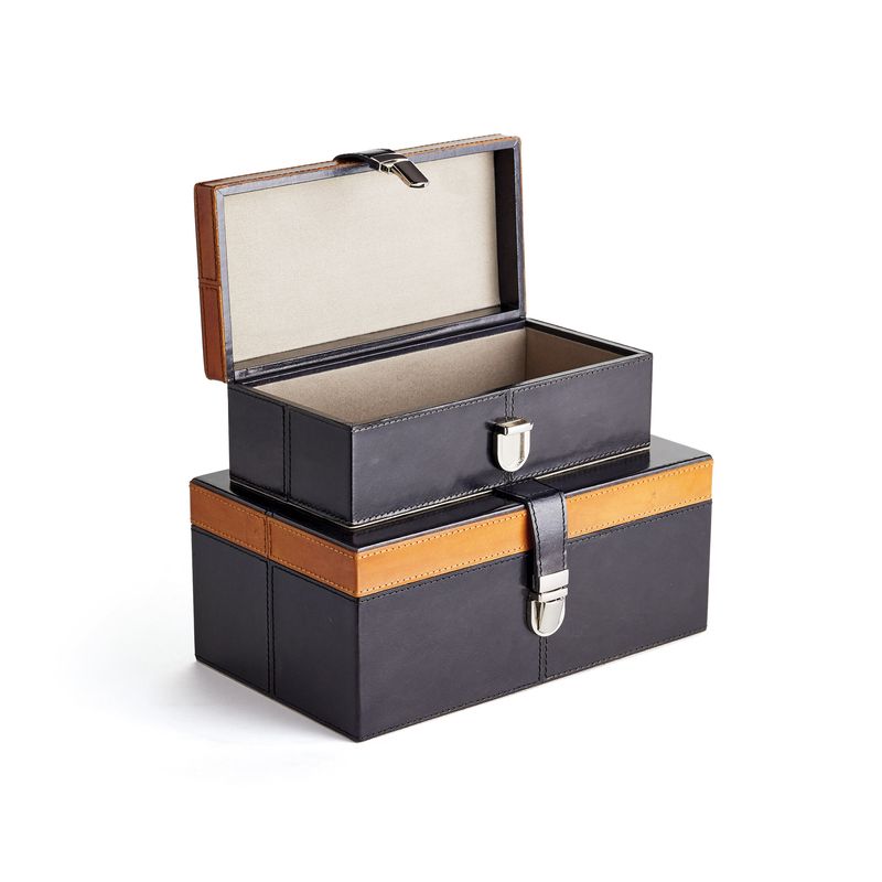 Brentwood Box Set of 2 in navy and cigar leather with polished nickel accents