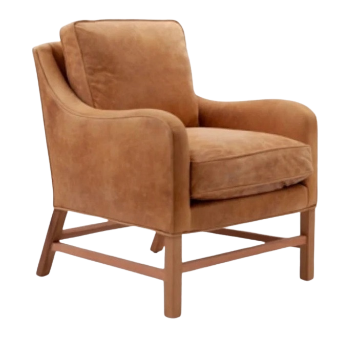 GO HOME Brewer Chair in warm brown fabric with teakwood legs and plush cushioning for modern comfort and style