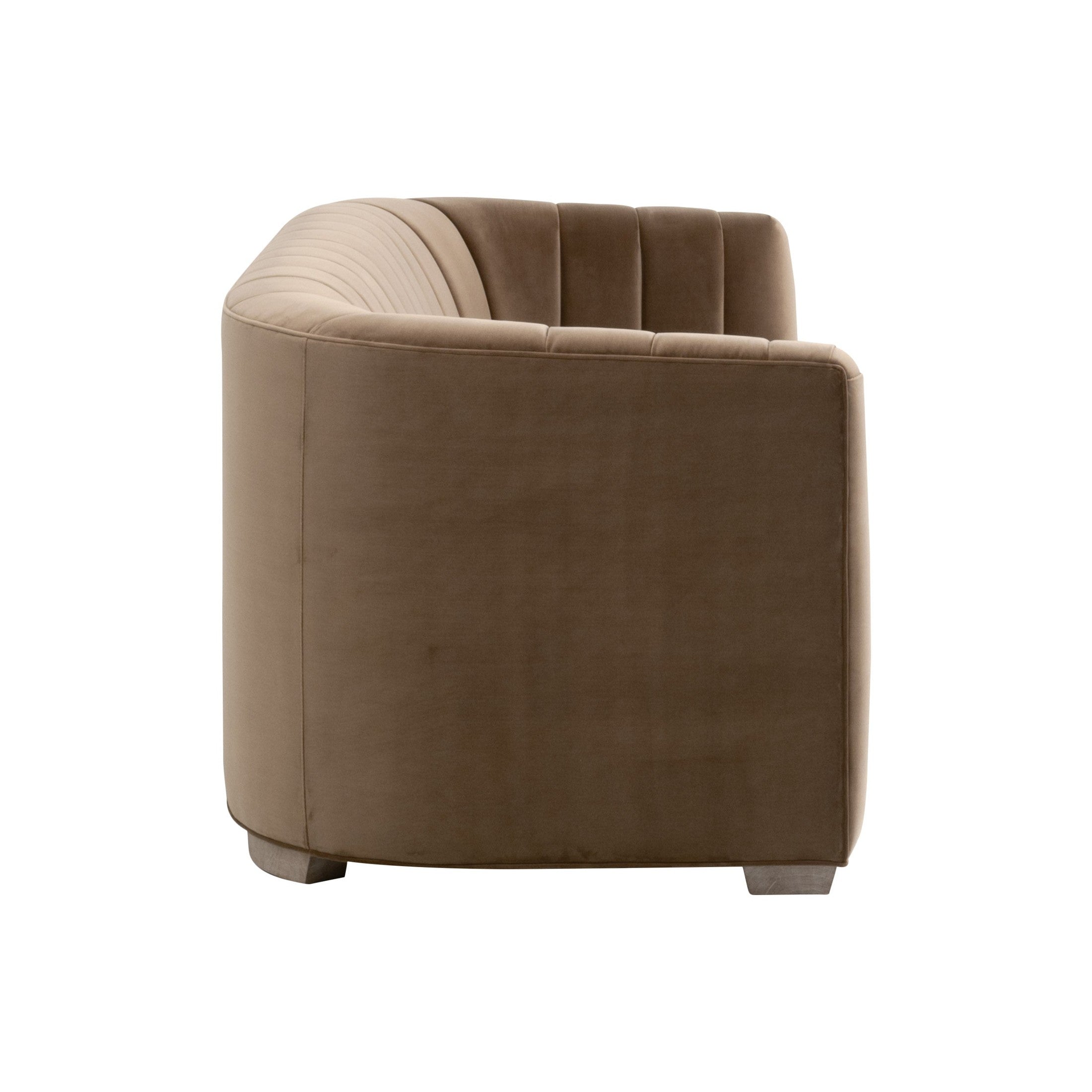 Side view of Bronx 87 Channel Back Sofa in caramel velvet with natural oak feet by Essentials for Living.