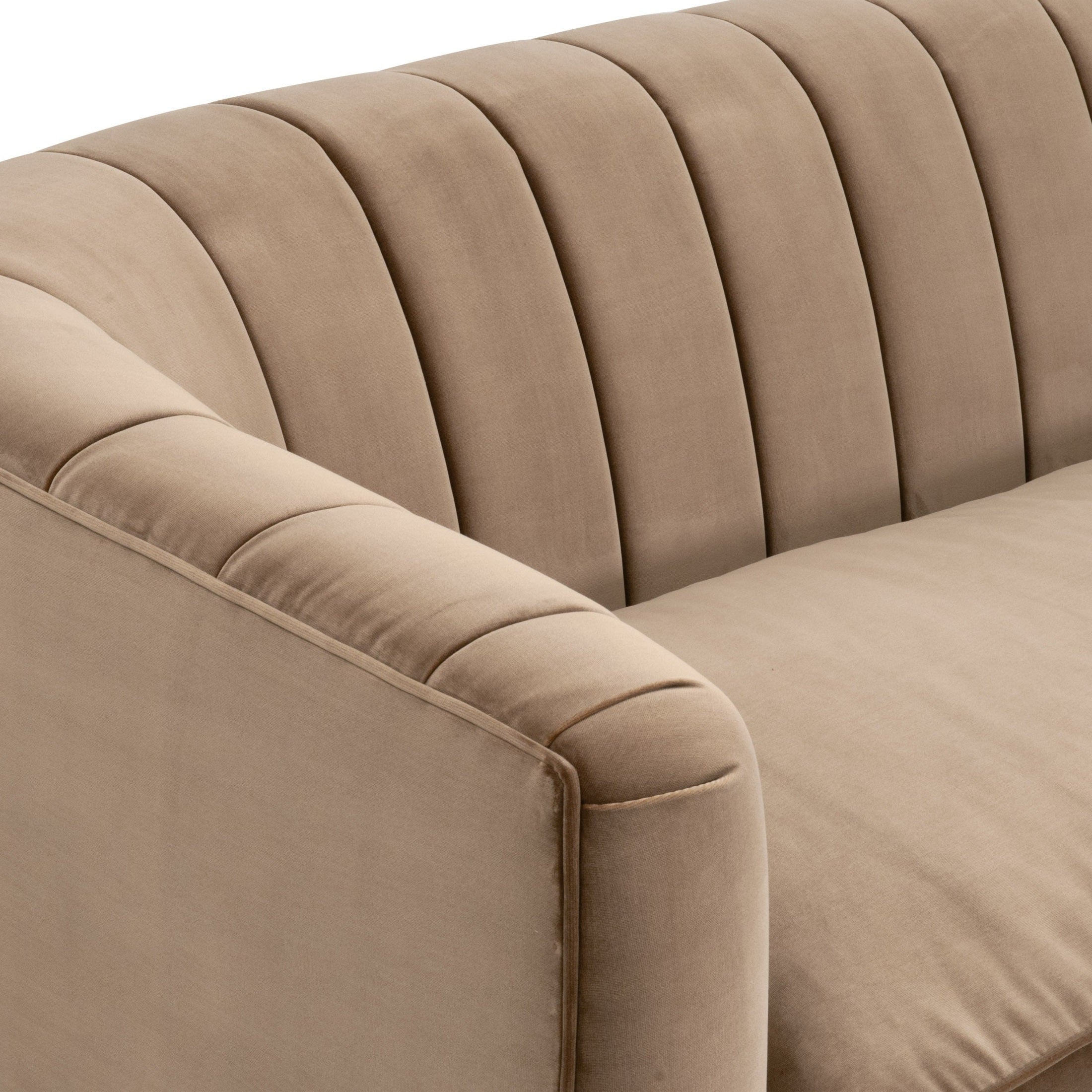Close-up of Bronx 87 Channel Back Sofa in caramel velvet with vertical channel stitching by Essentials for Living.