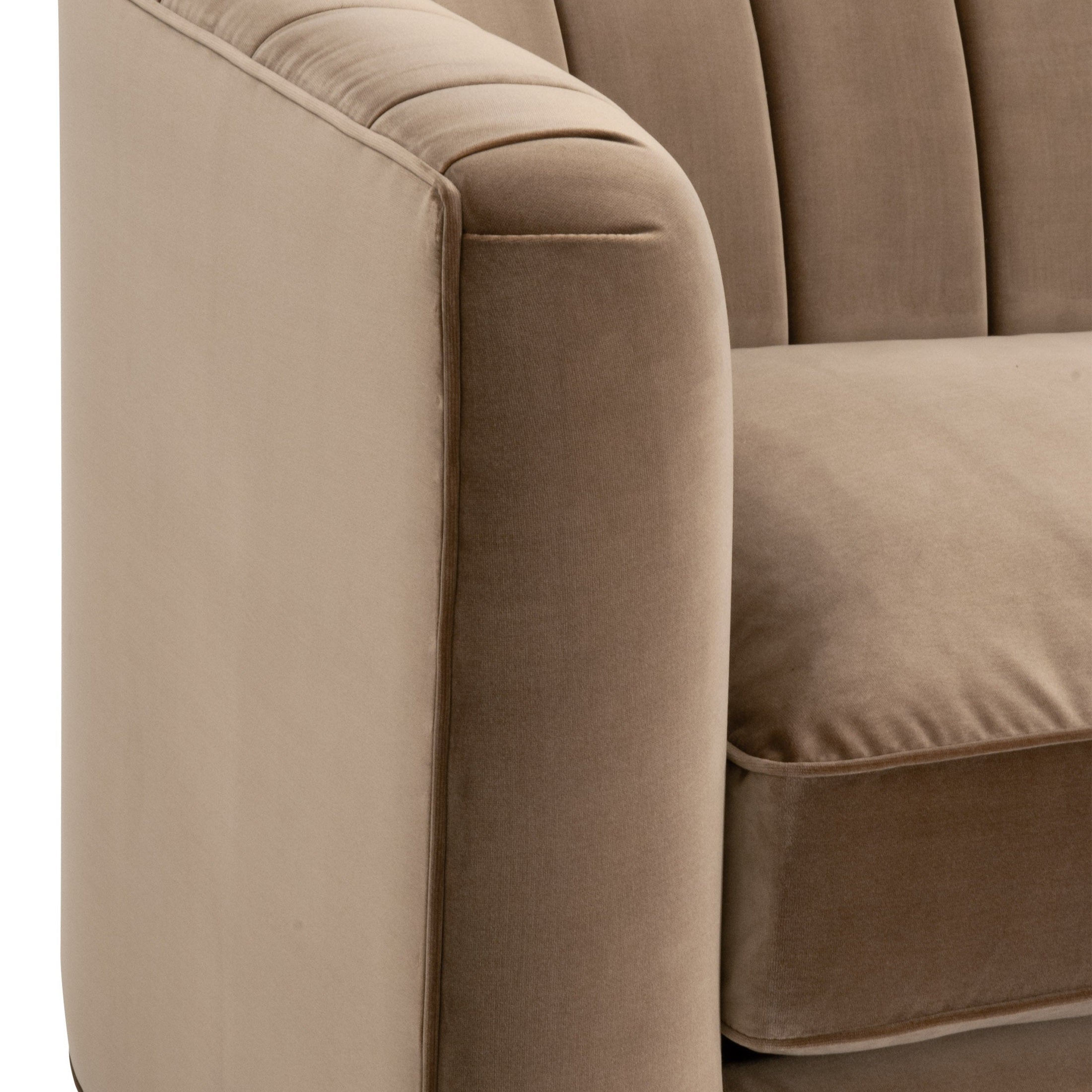 Close-up view of Bronx 87 Channel Back Sofa in caramel velvet with vertical channel stitching by Essentials for Living.