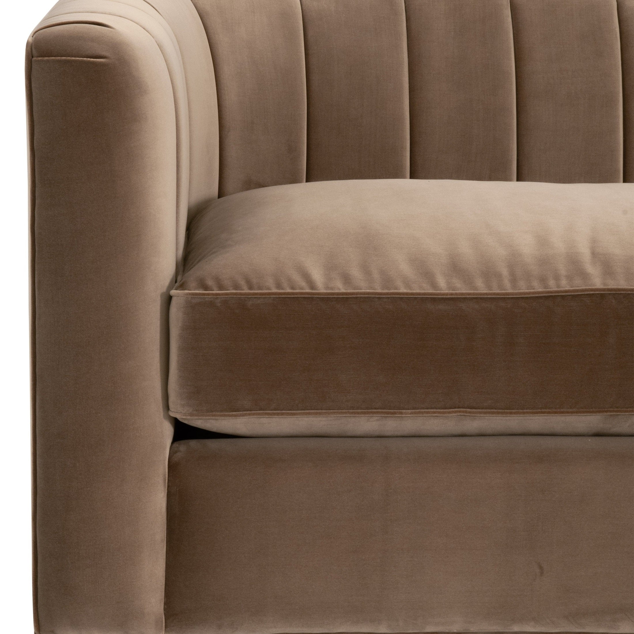 Close-up of Bronx 87 Channel Back Sofa in caramel velvet upholstery by Essentials for Living.