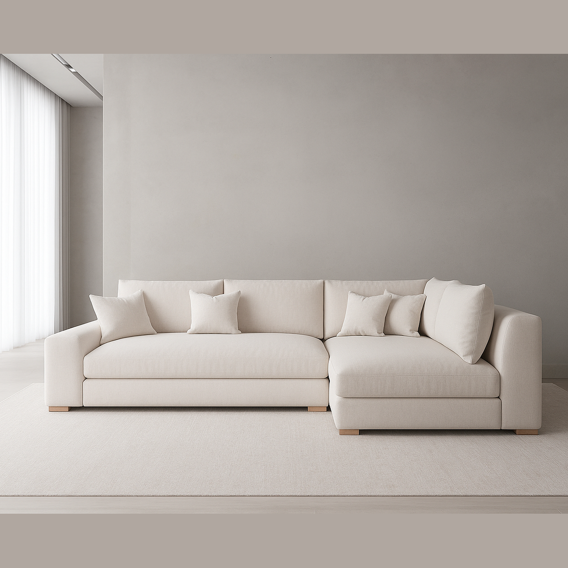 California Sectional Chaise in light upholstery with extended chaise and teakwood legs in modern living room by GO HOME