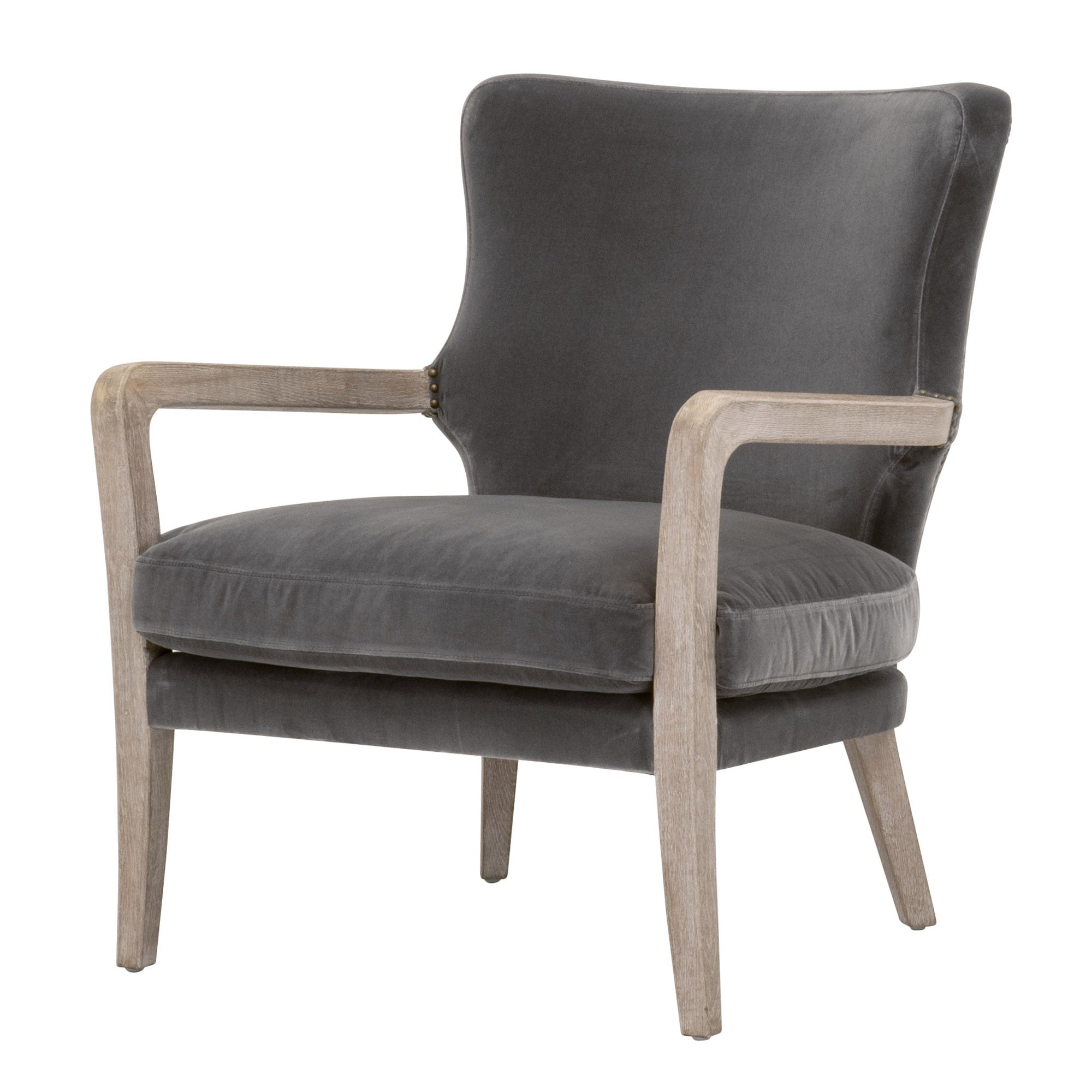 Calvin Club Chair in dark gray velvet with oak wood arms by Essentials for Living