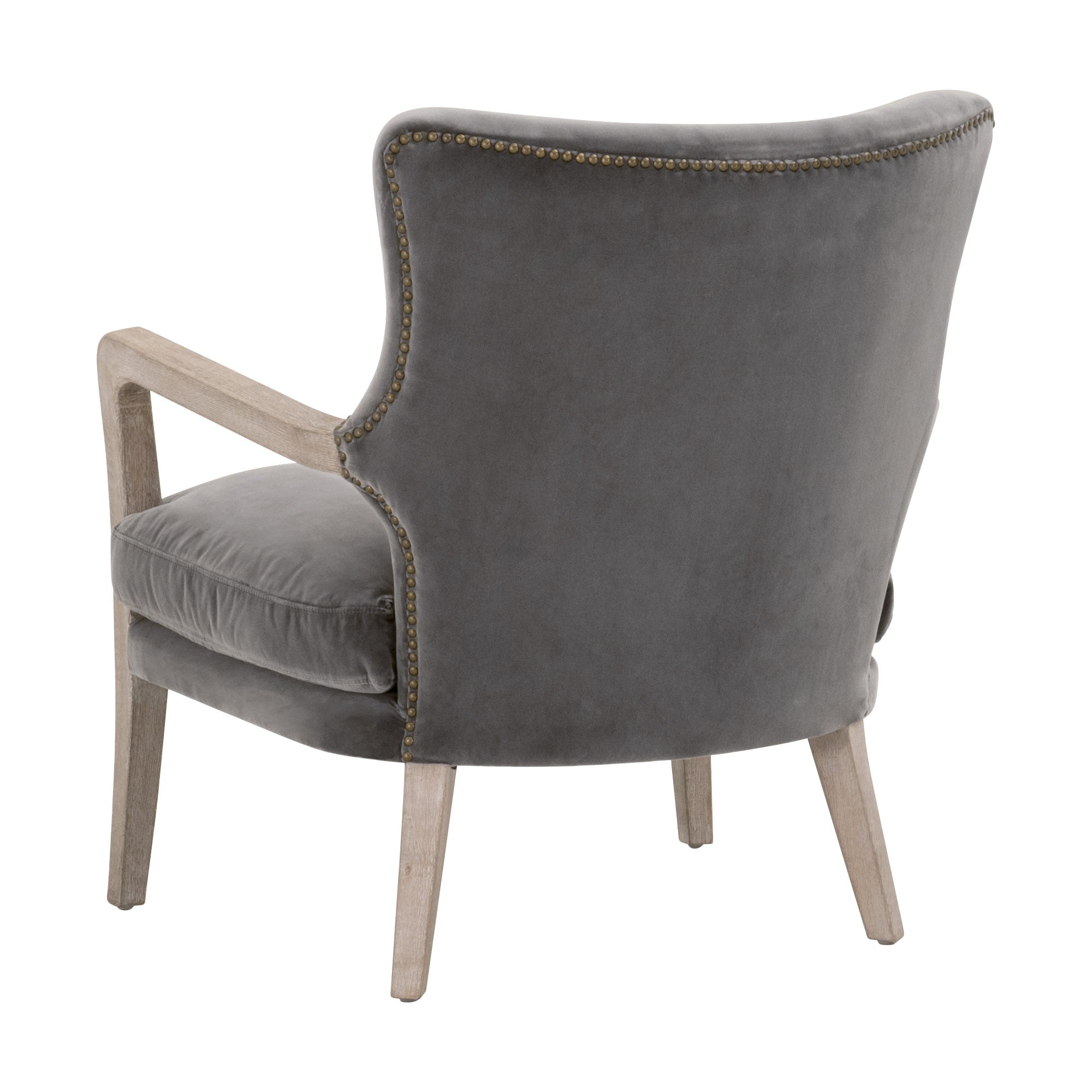 Back view of Calvin Club Chair in dark gray velvet with gold nailhead trim and natural oak arms by Essentials for Living
