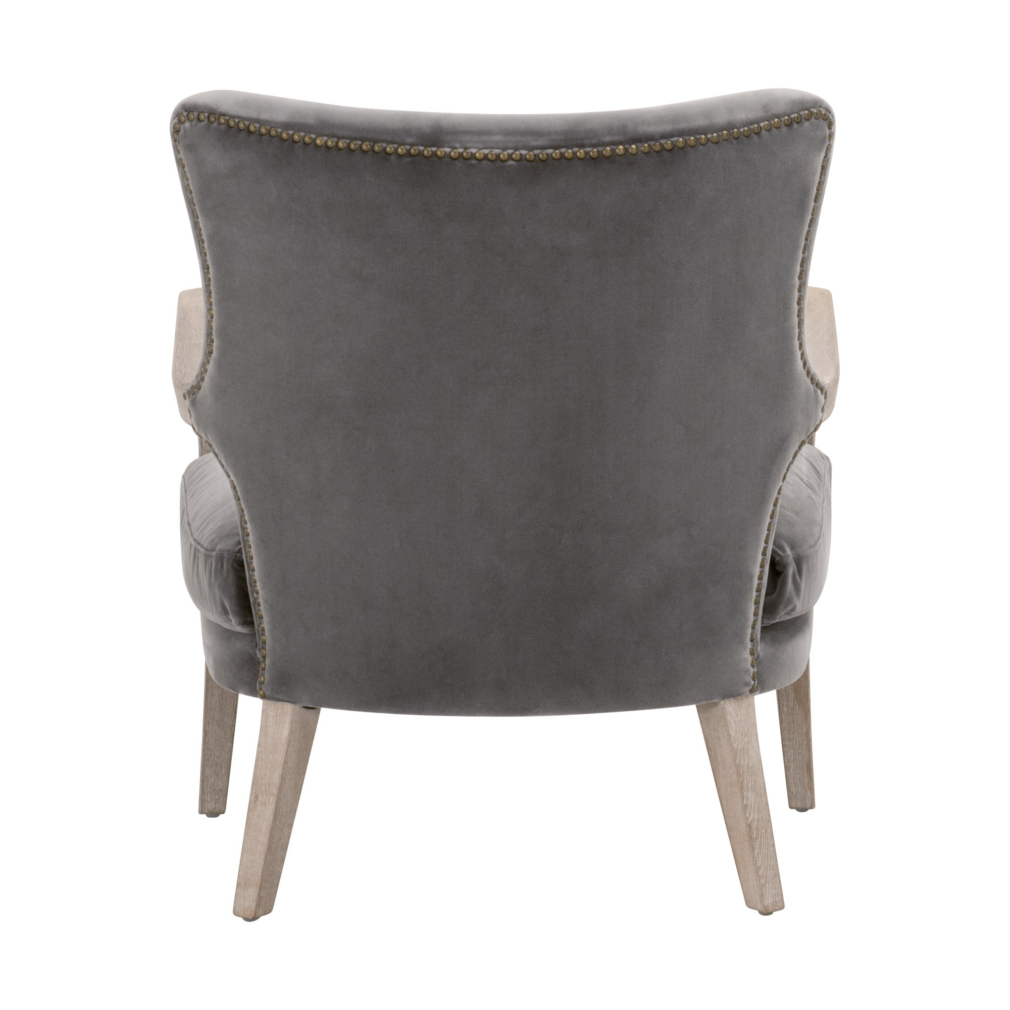 Back view of Calvin Club Chair in dark gray velvet with gold nailhead trim and natural oak arms by Essentials for Living.