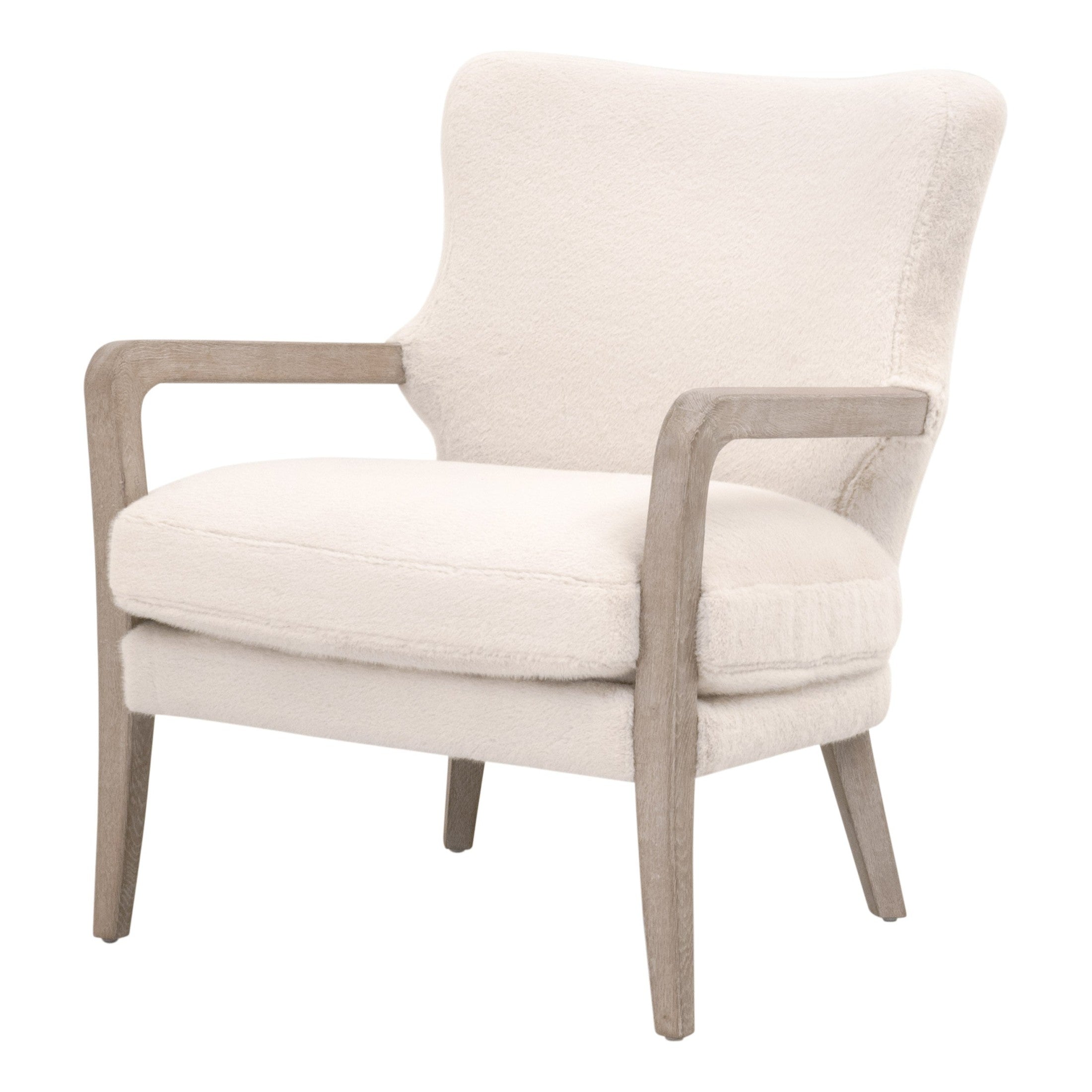 White upholstered Calvin Club Chair with natural wood arms by Essentials for Living