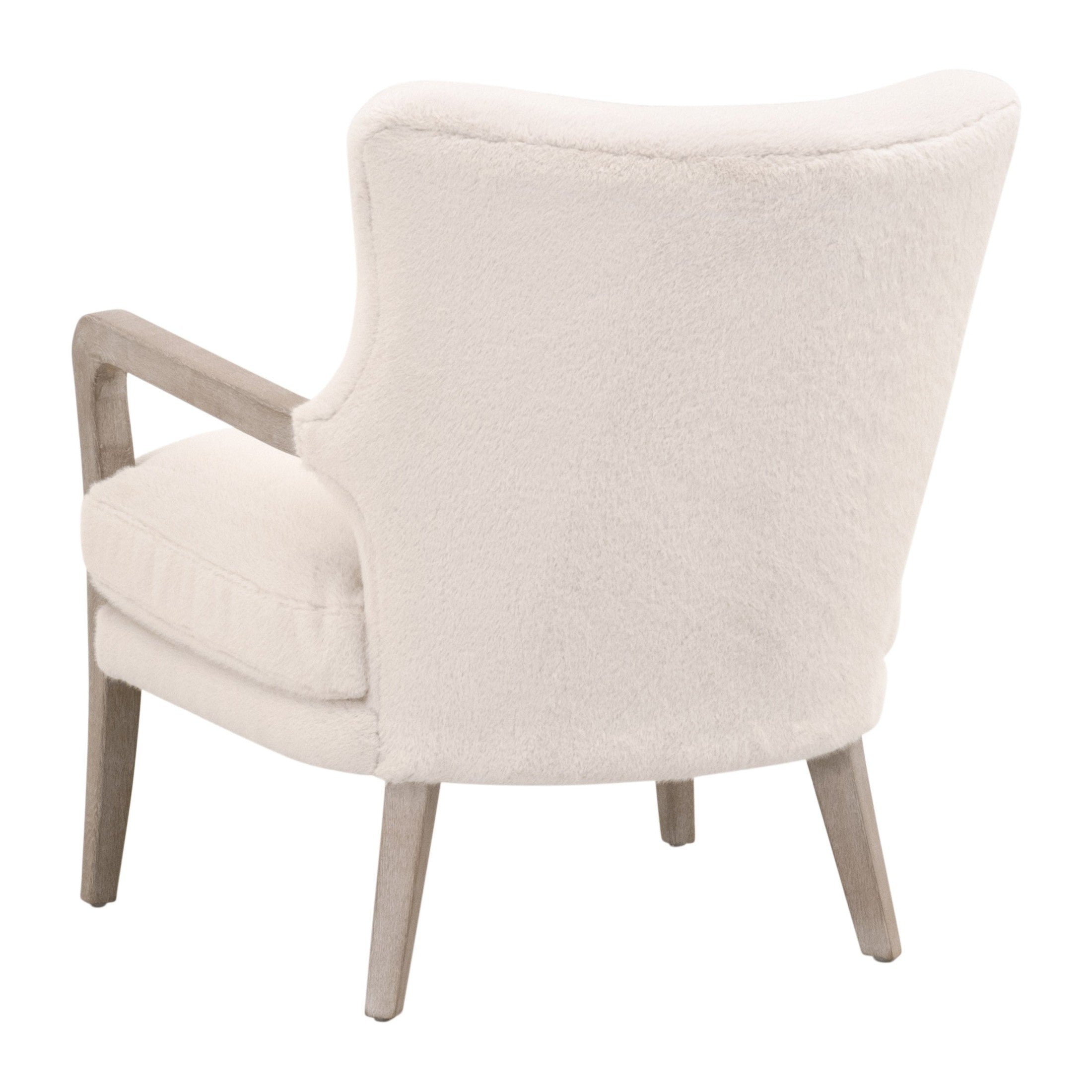 Calvin Club Chair in white velvet with natural wood arms, modern curved design by Essentials for Living