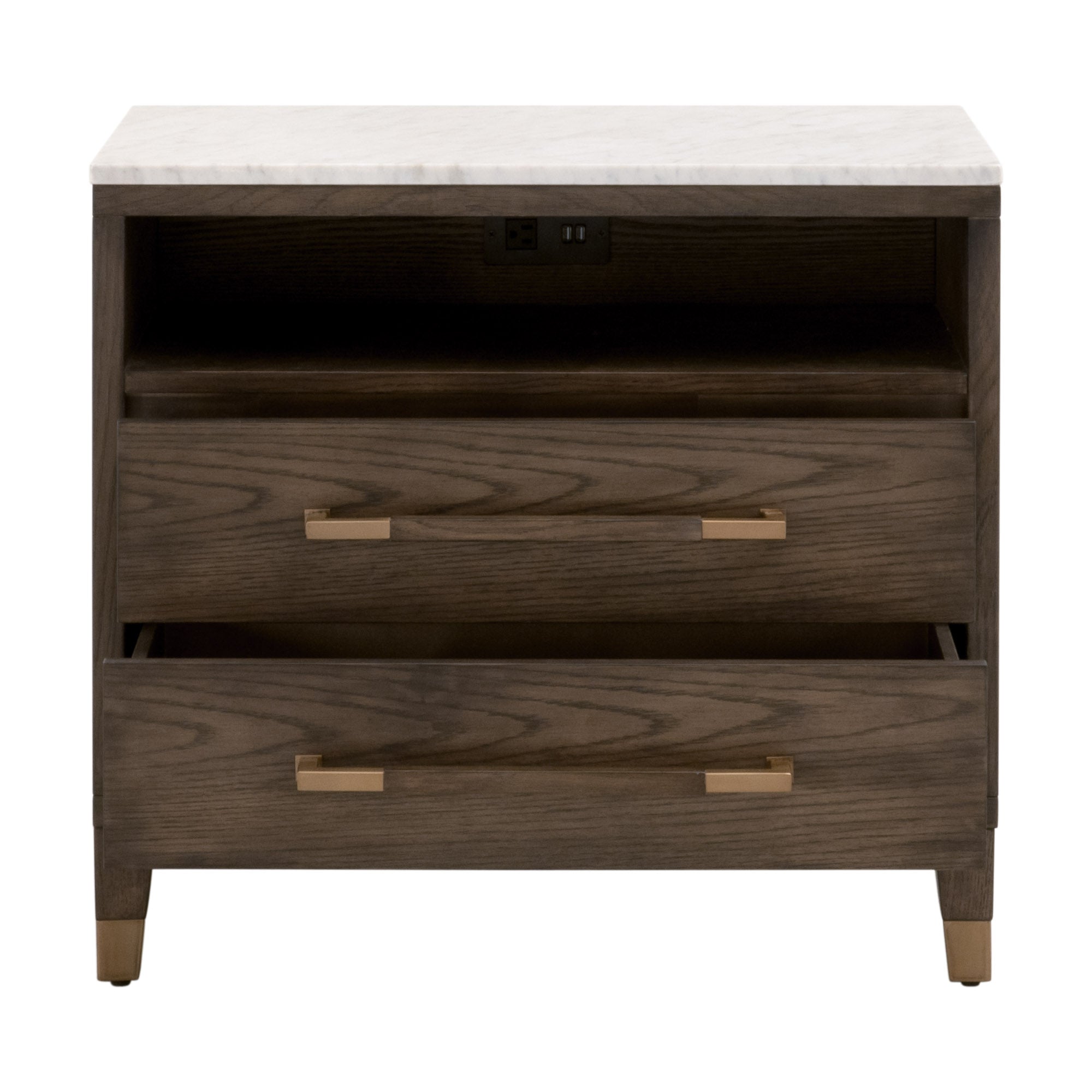 Cambria 2-Drawer Nightstand with marble top, USB ports, and brass handles by Essentials for Living
