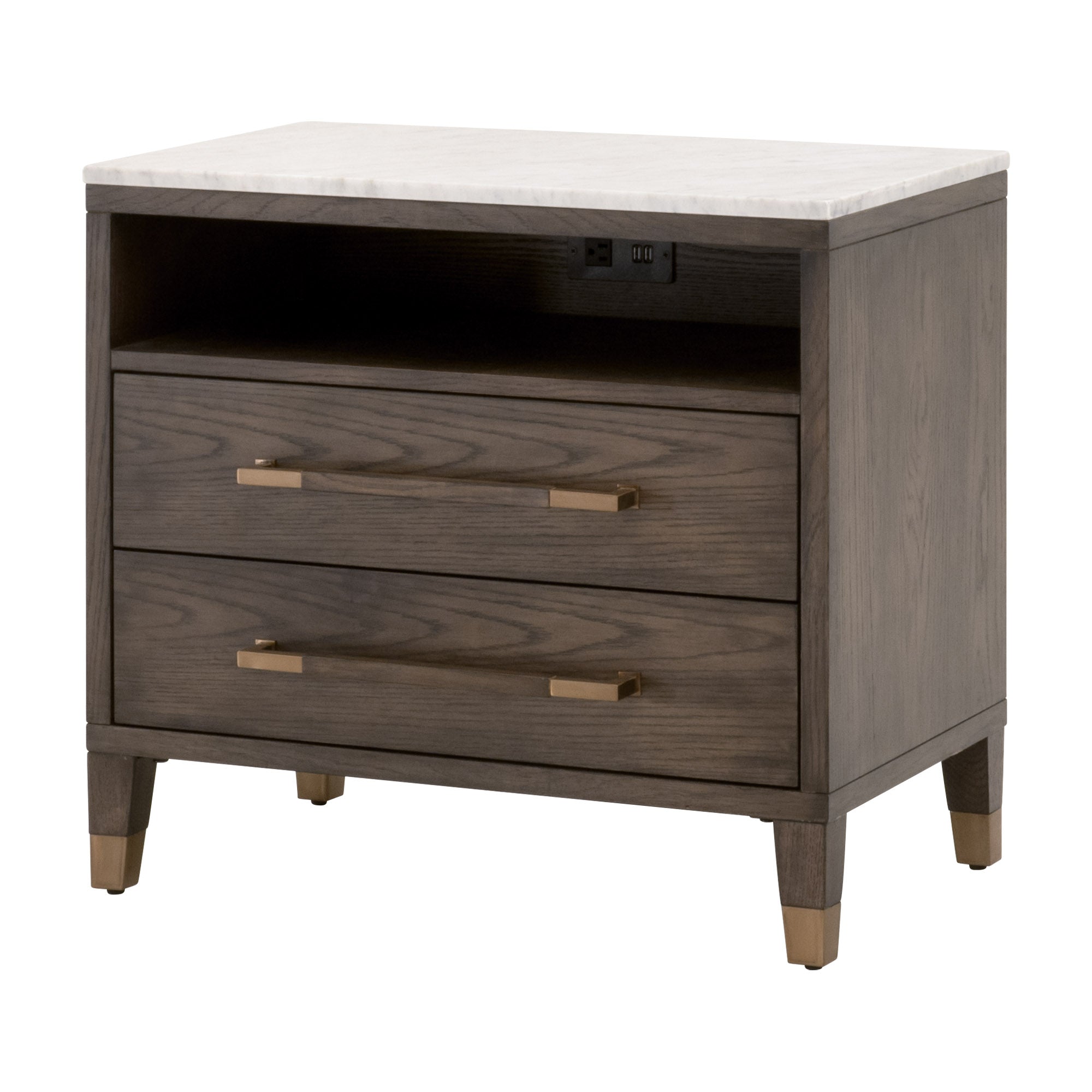 Cambria 2-Drawer Nightstand with marble top, USB ports, and aged brass handles by Essentials for Living