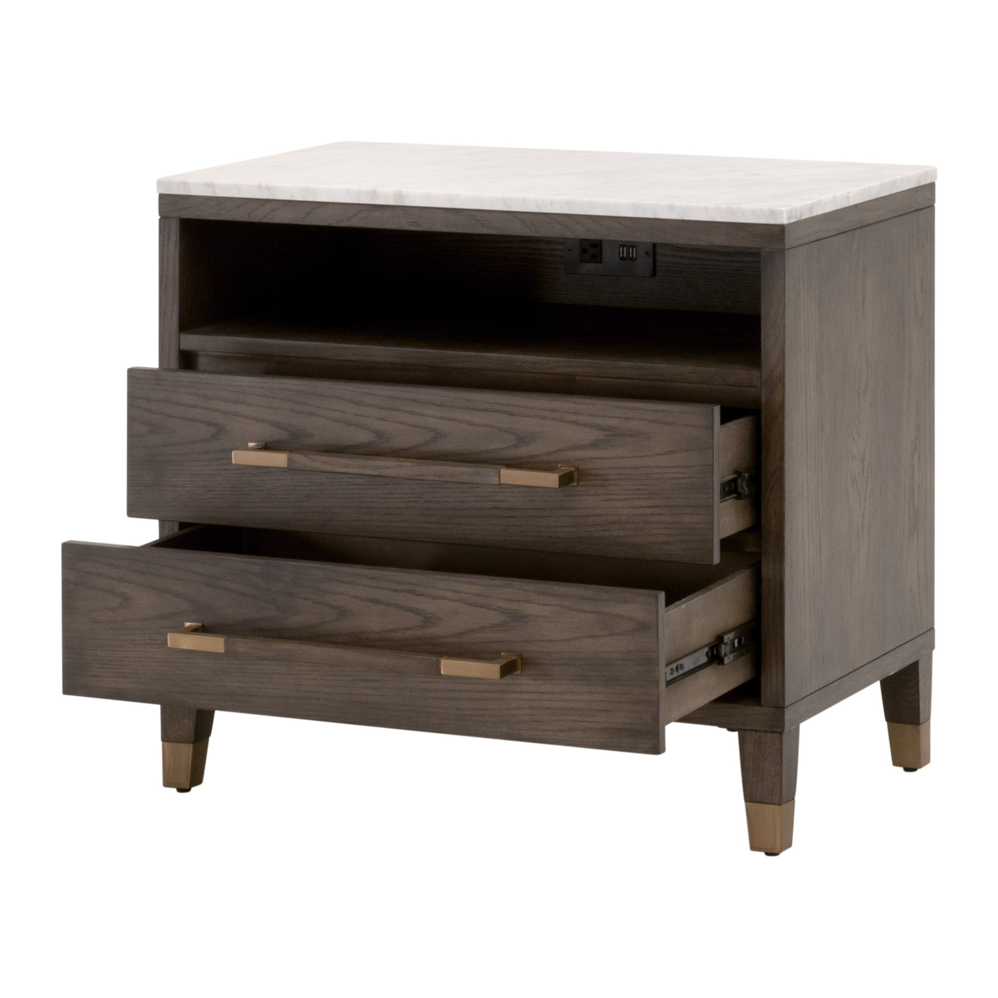 Cambria 2-Drawer Nightstand with marble top, aged brass handles, USB ports, and drawers by Essentials for Living