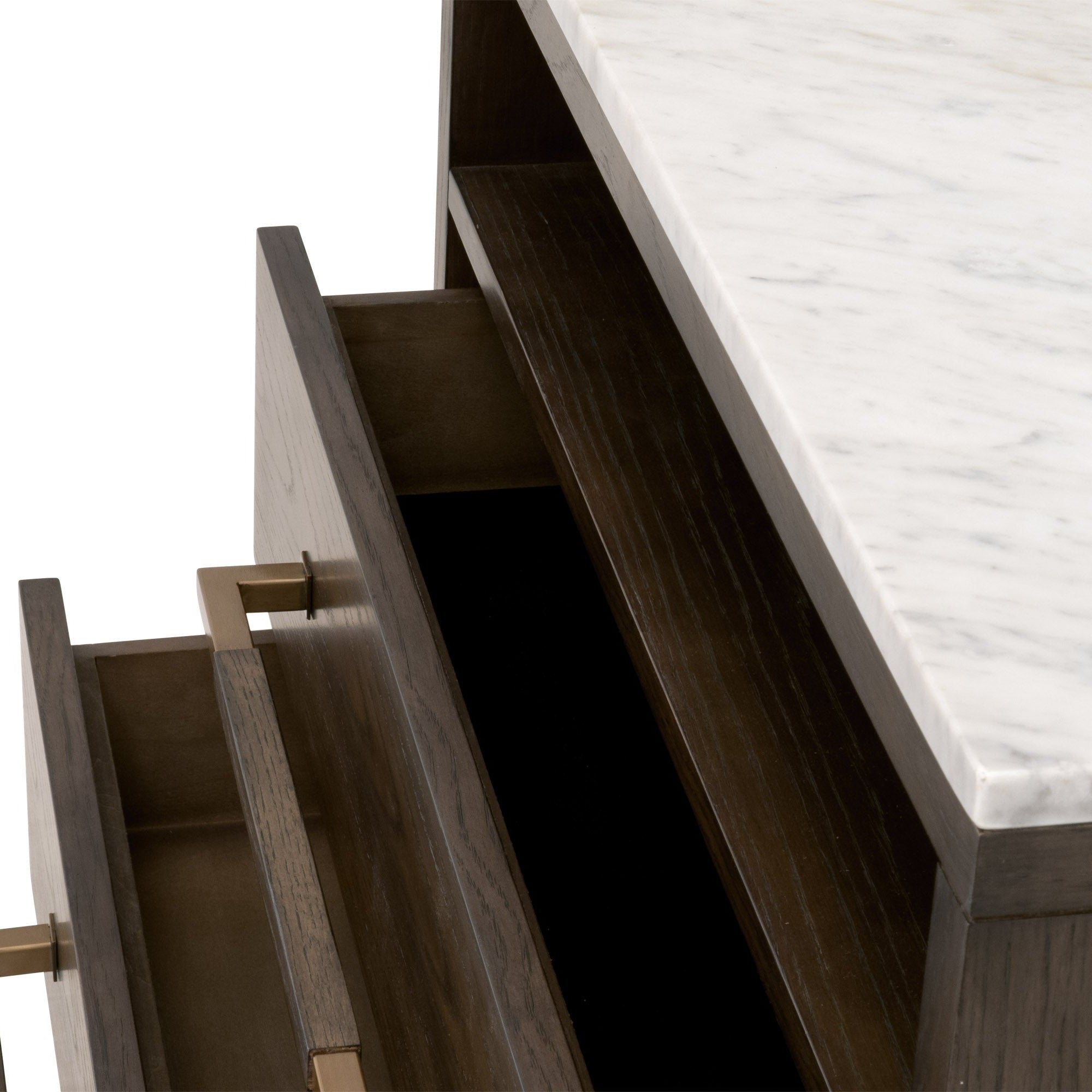 Cambria 2-Drawer Nightstand with white and gray Bianco marble top and aged brass handles by Essentials for Living