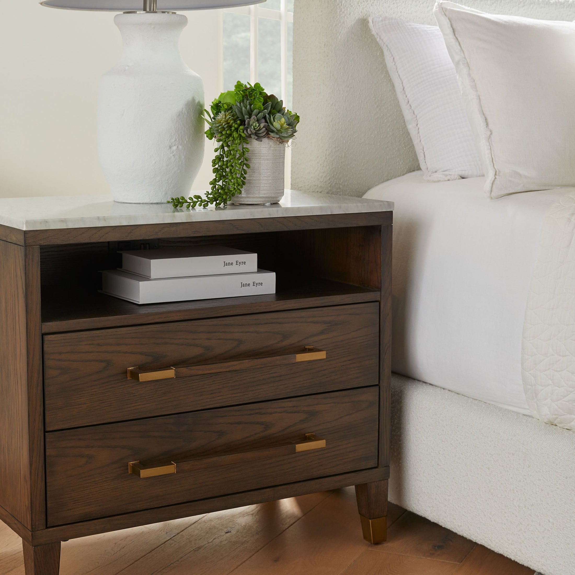 Cambria 2-Drawer Nightstand with marble top, aged brass handles, and open cubby by Essentials for Living