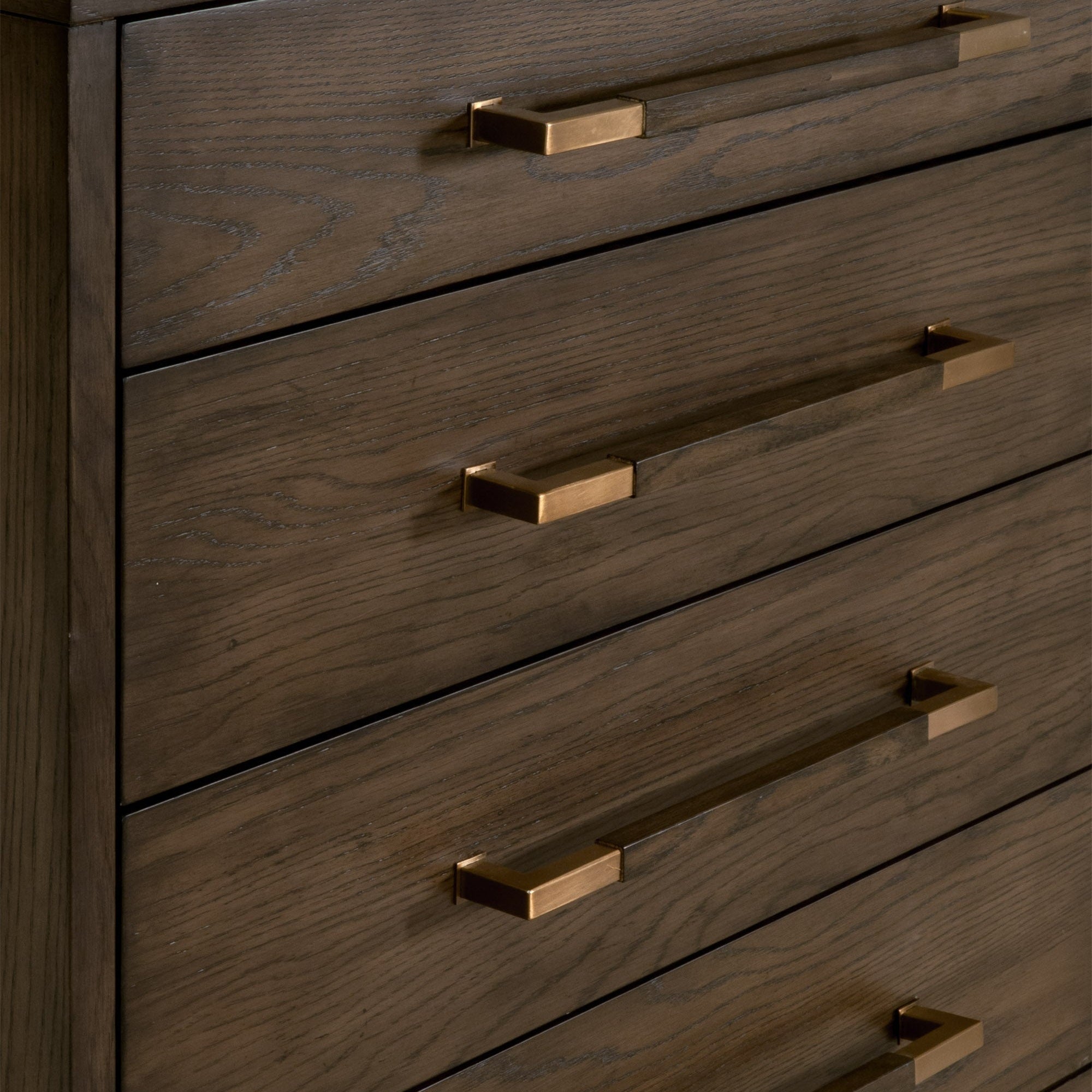 Close-up of Cambria 8-Drawer Double Dresser drawer with aged brass pulls by Essentials for Living