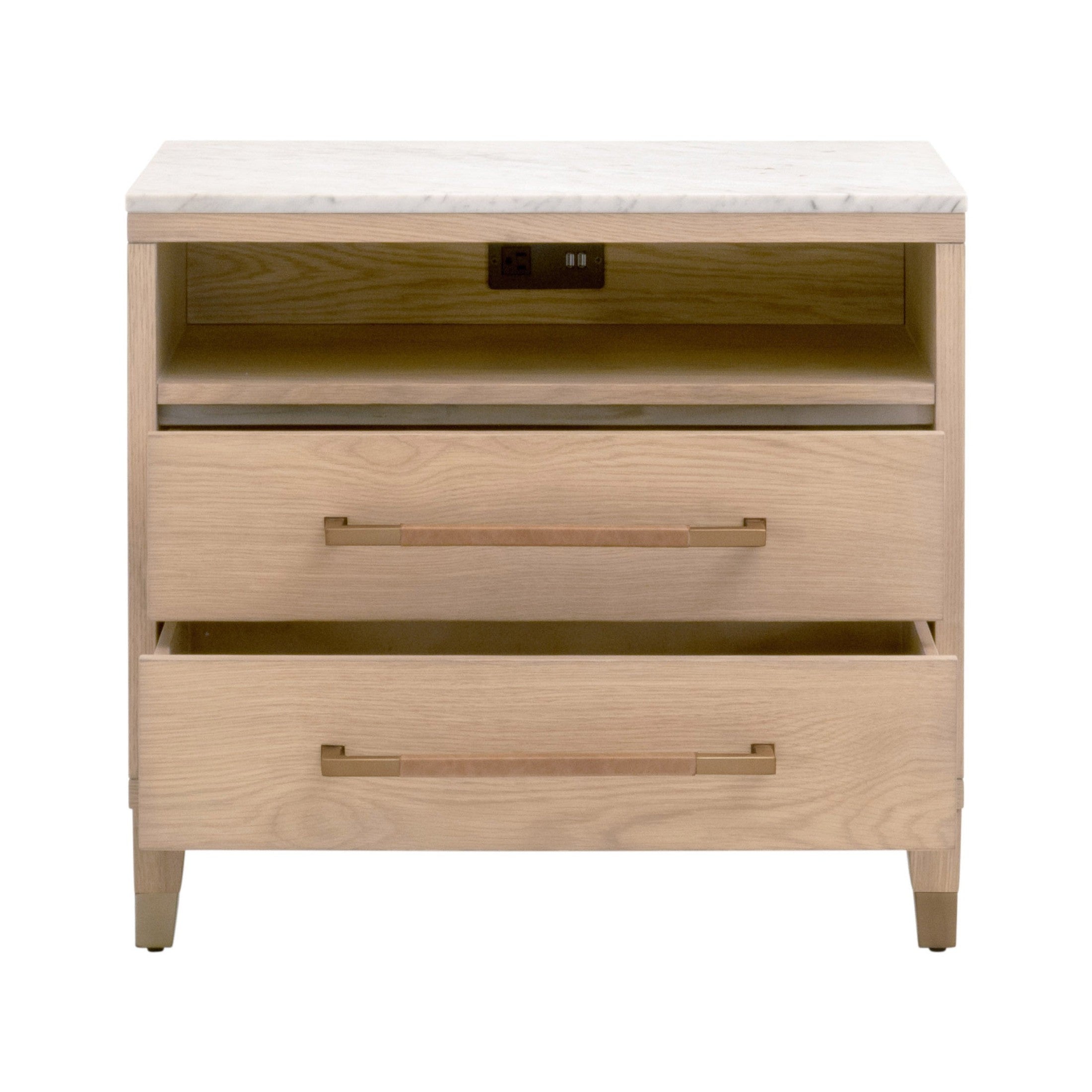 Cambria 2-Drawer Nightstand with marble top, aged brass handles, USB ports, oak wood frame by Essentials for Living