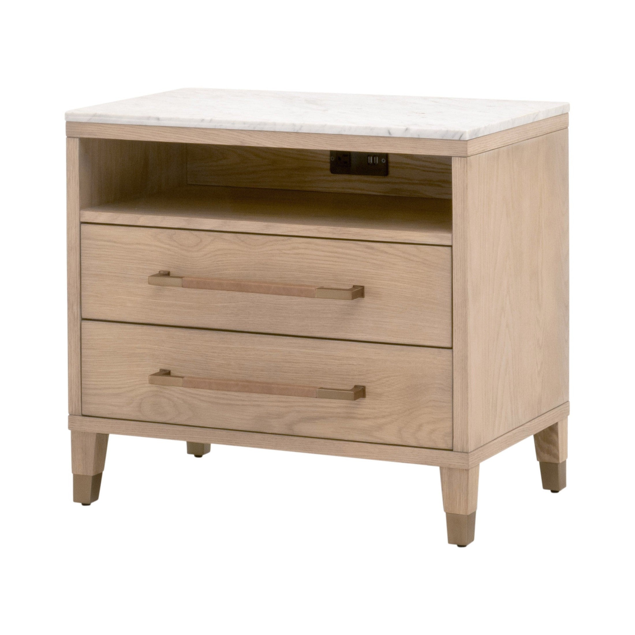Cambria 2-Drawer Nightstand with marble top, oak wood frame, two drawers, and open cubby by Essentials for Living